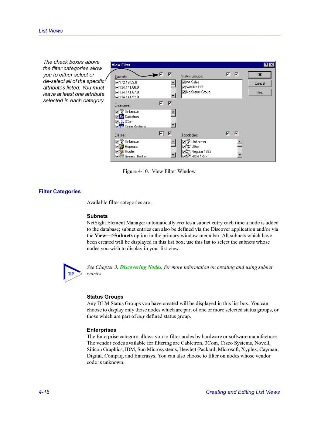 HP Netsight manual Filter Categories, Subnets, Status Groups, Enterprises 