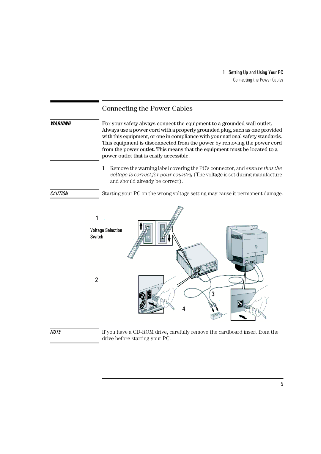 HP NetVectra N30, NetVectra N20 manual Connecting the Power Cables 