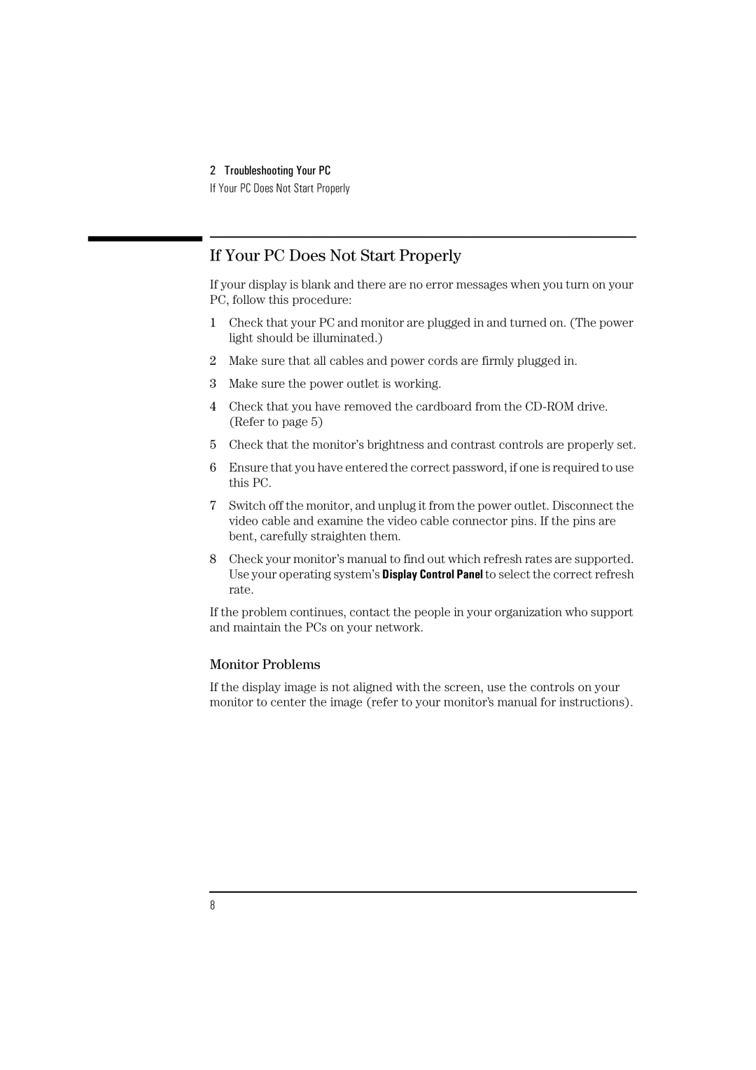 HP NetVectra N20, NetVectra N30 manual If Your PC Does Not Start Properly, Monitor Problems 