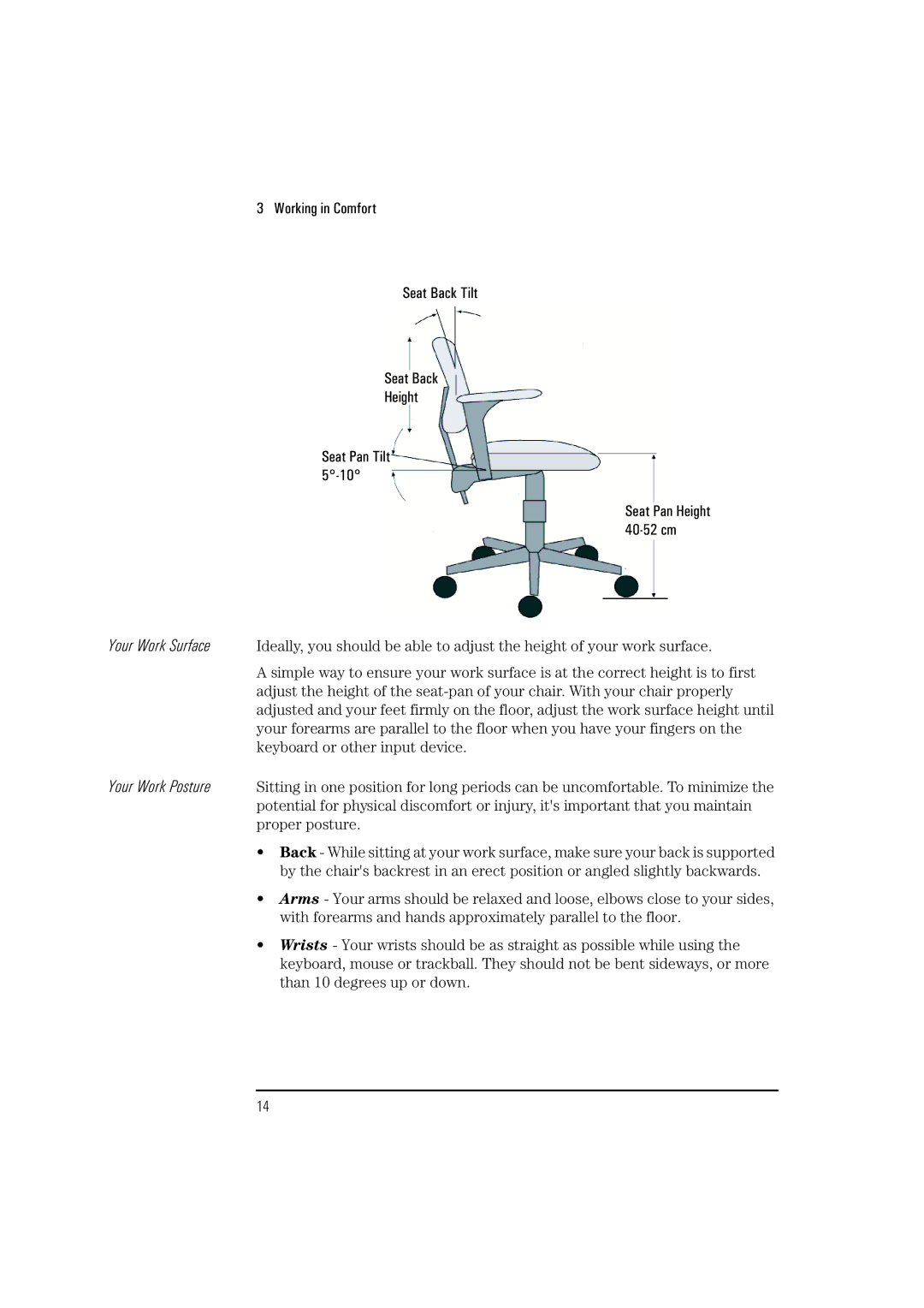 HP NetVectra N20, NetVectra N30 manual Working in Comfort Seat Back Tilt Height Seat Pan Tilt 