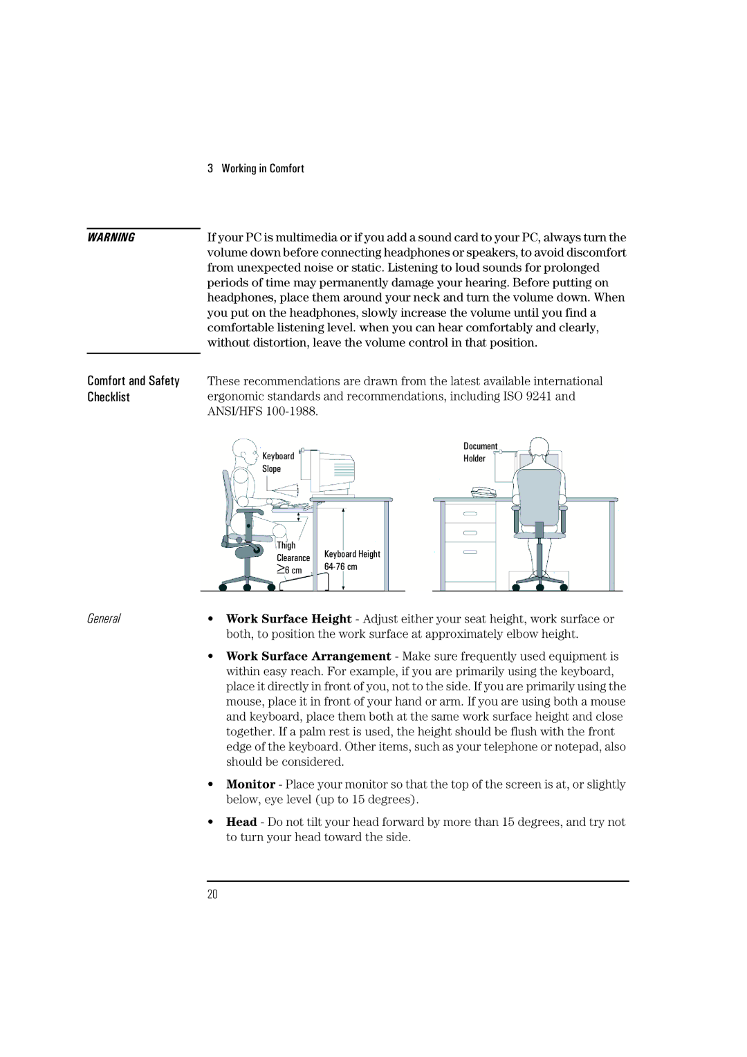 HP NetVectra N20, NetVectra N30 manual General, Comfort and Safety Checklist 