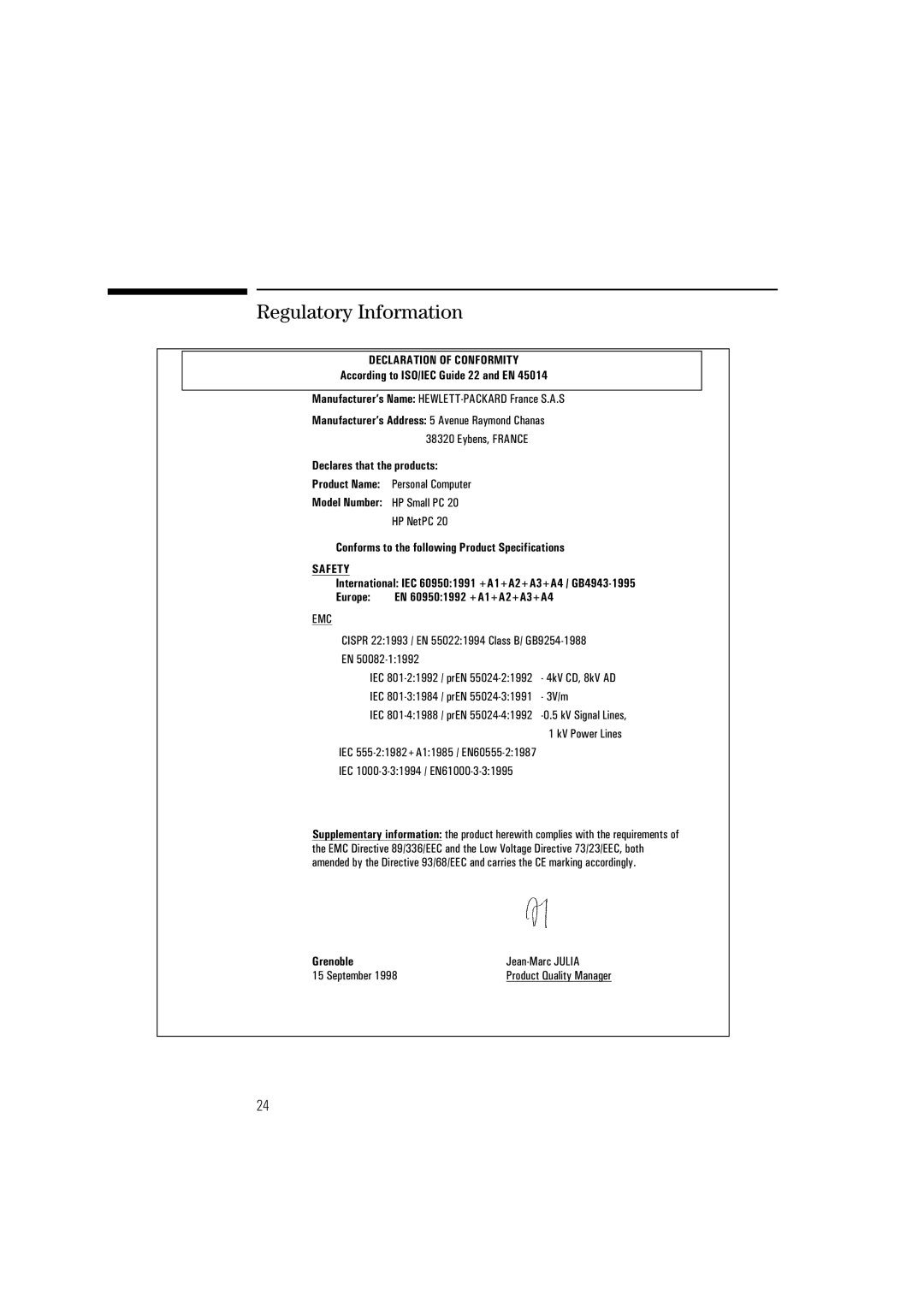 HP NetVectra N20, NetVectra N30 manual Regulatory Information, Declaration of Conformity 