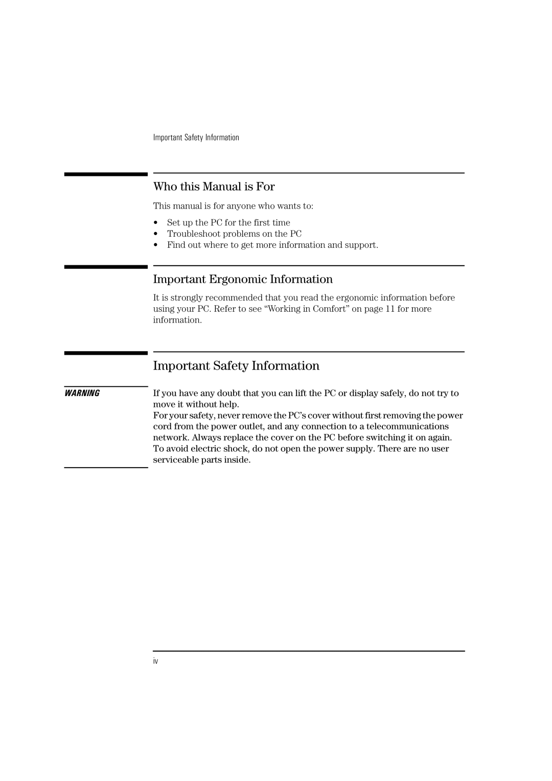 HP NetVectra N20, NetVectra N30 manual Who this Manual is For, Important Ergonomic Information 