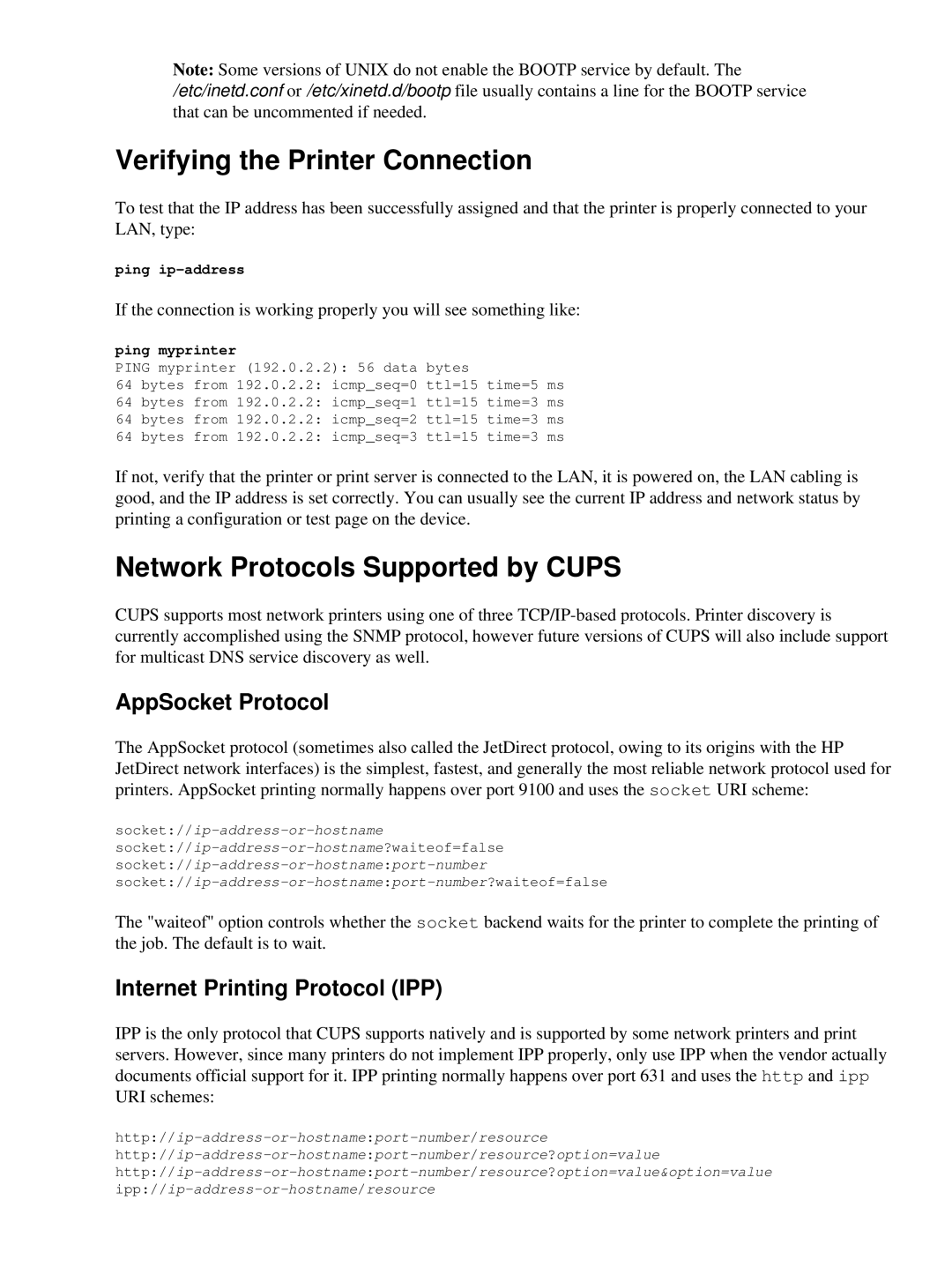 HP Network s manual Verifying the Printer Connection, Network Protocols Supported by Cups, AppSocket Protocol 