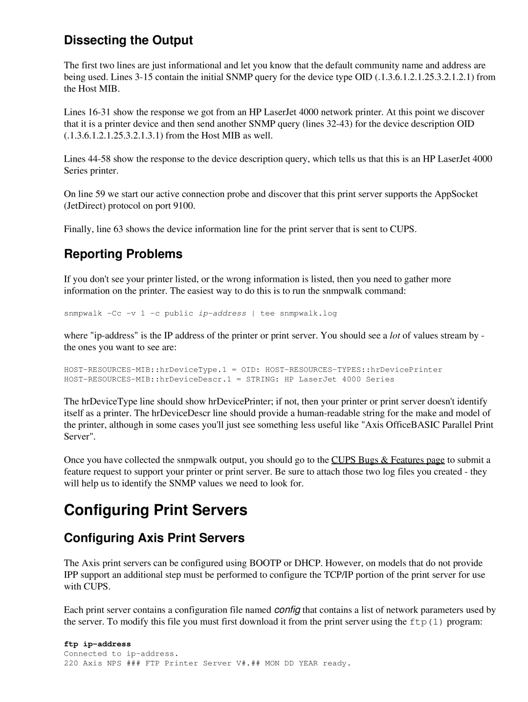 HP Network s manual Configuring Print Servers, Dissecting the Output, Reporting Problems, Configuring Axis Print Servers 