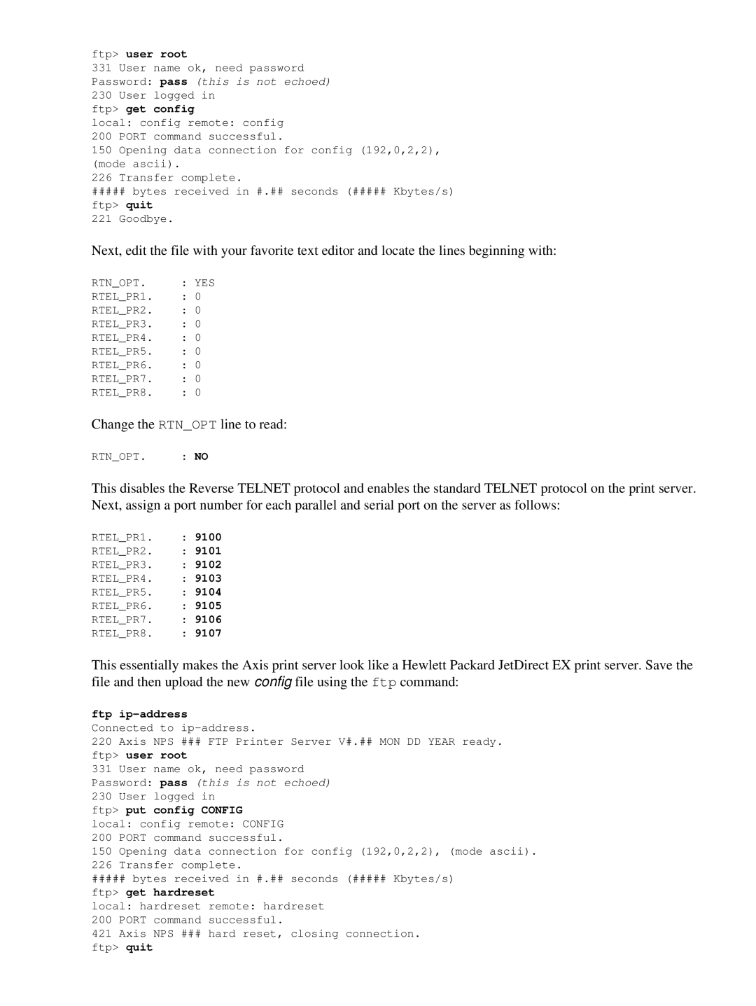 HP Network s manual Change the Rtnopt line to read 