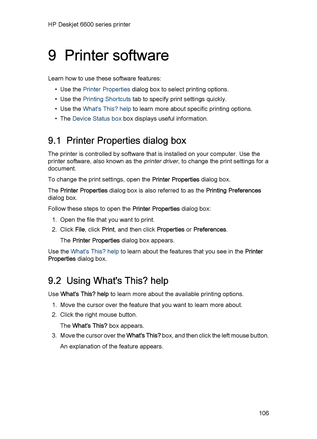 HP Networking 6600 manual Printer software, Printer Properties dialog box, Using Whats This? help 