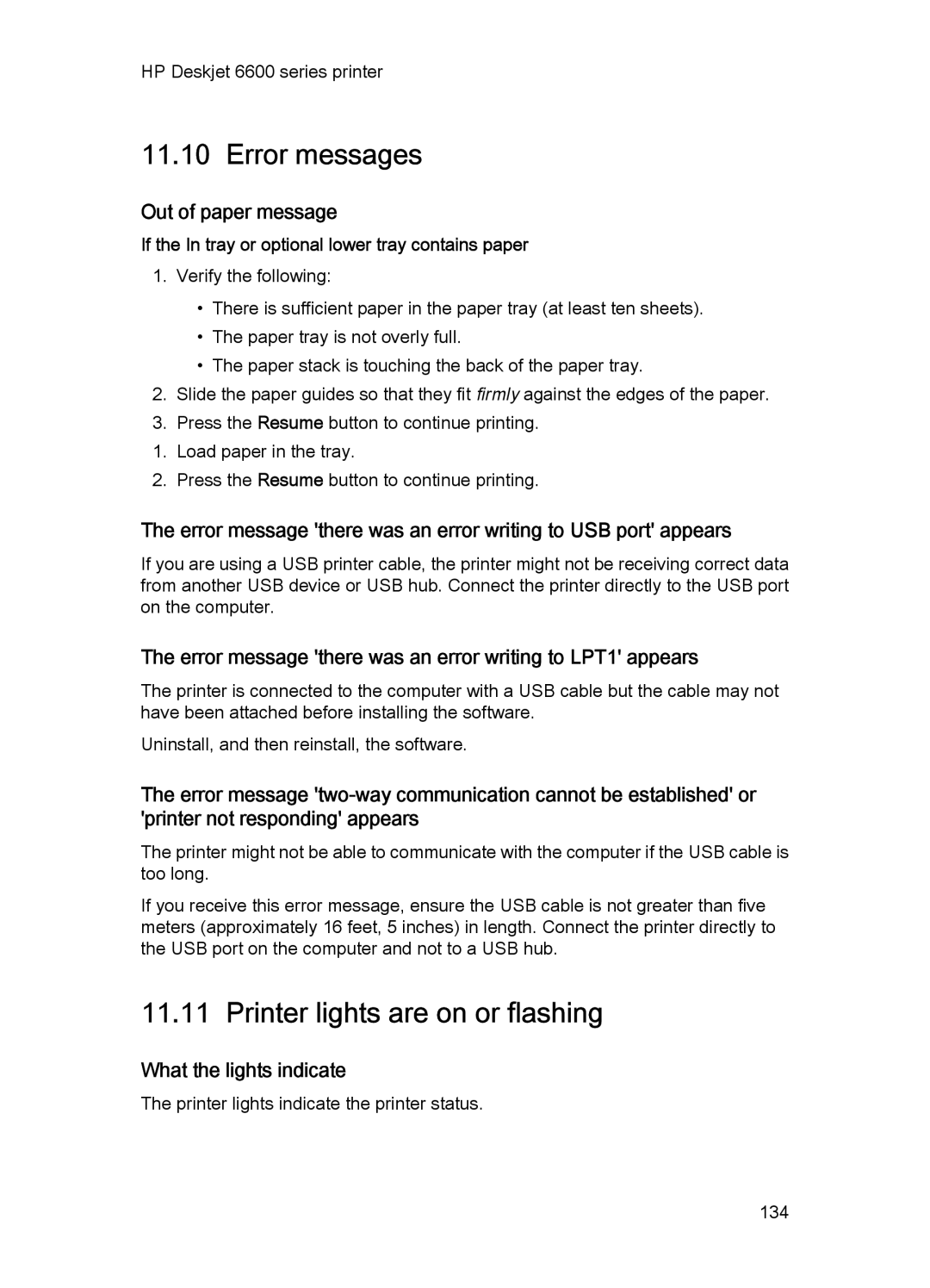 HP Networking 6600 manual Error messages, Printer lights are on or flashing, Out of paper message, What the lights indicate 