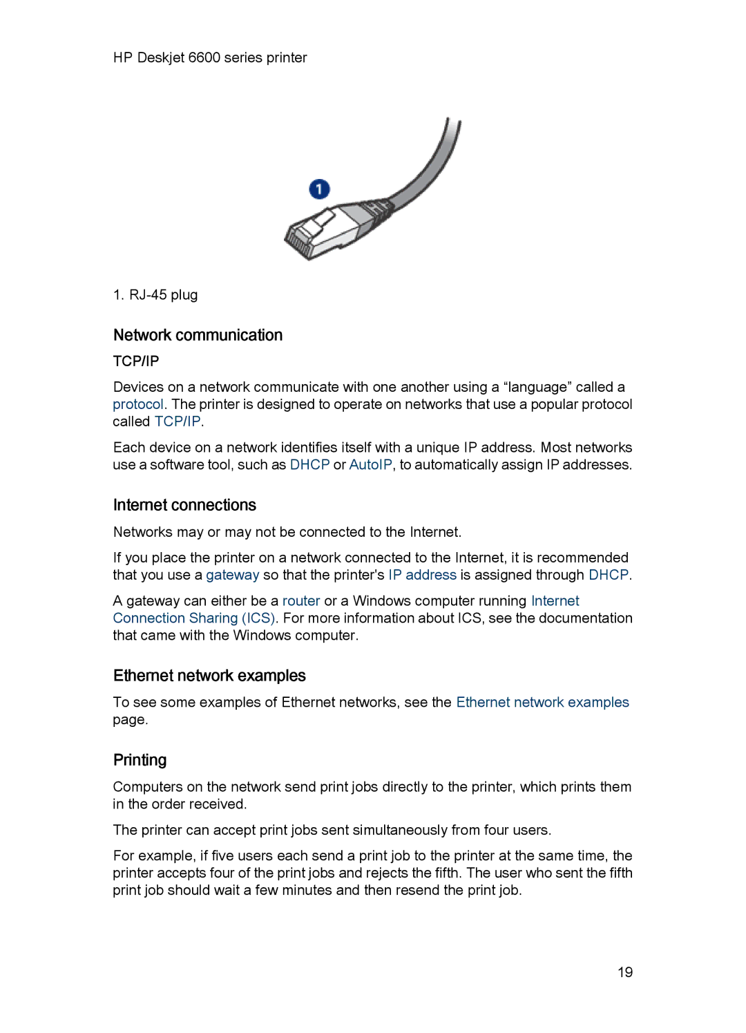 HP Networking 6600 manual Network communication, Internet connections, Ethernet network examples, Printing 