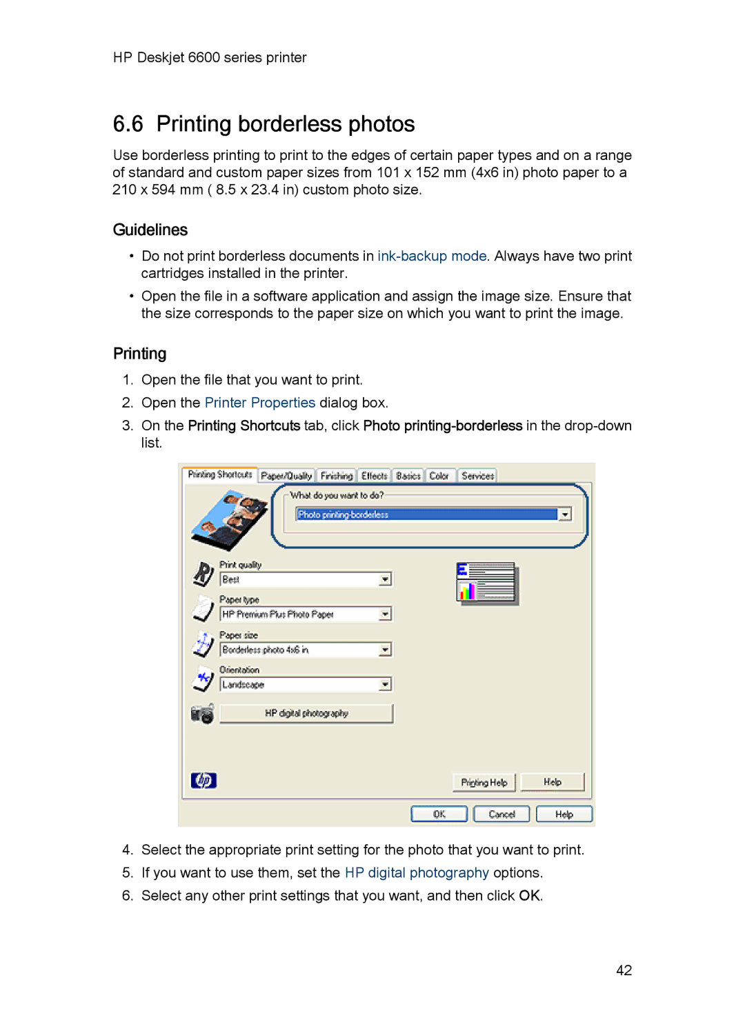 HP Networking 6600 manual Printing borderless photos, Guidelines 