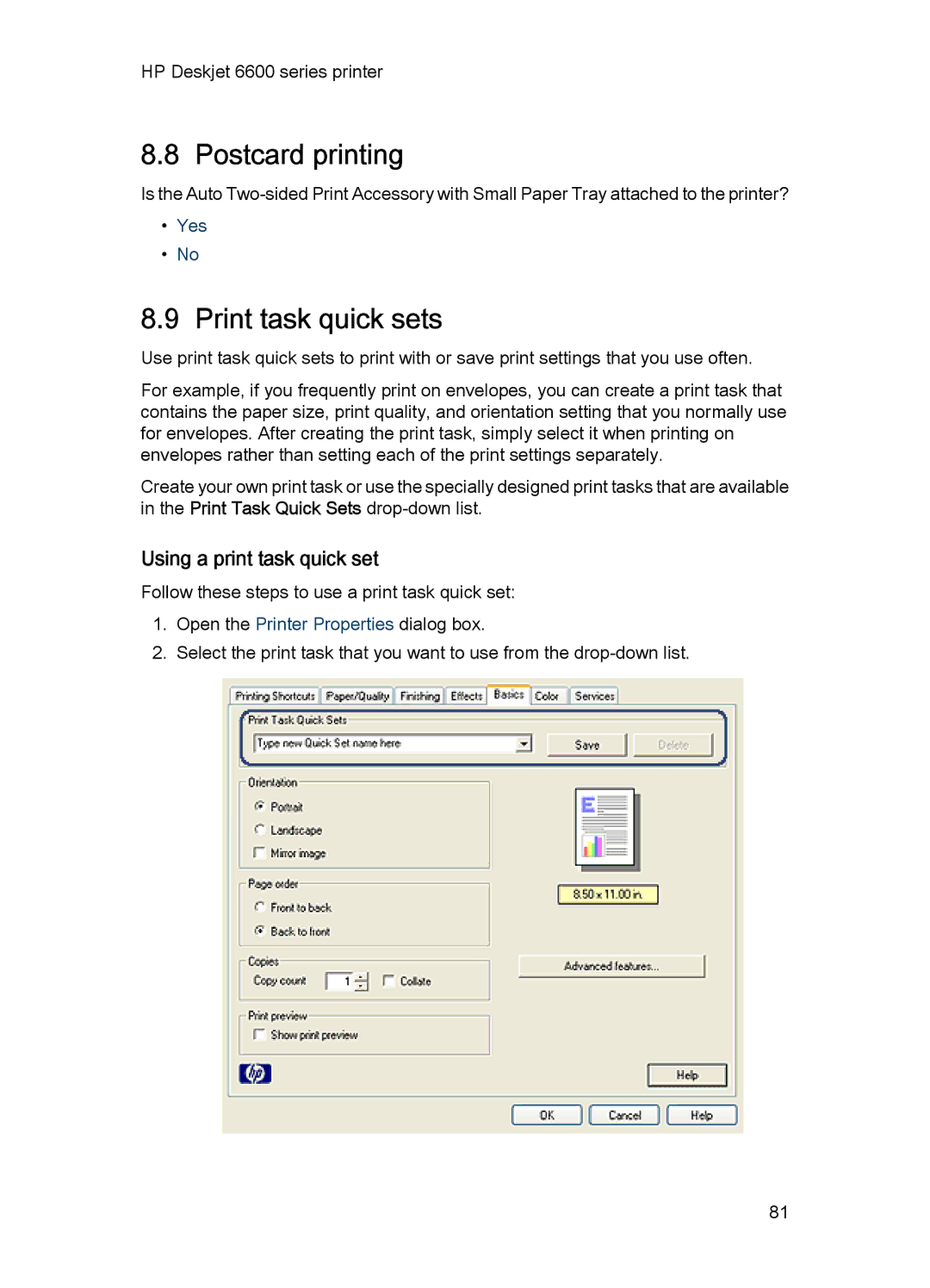 HP Networking 6600 manual Postcard printing, Print task quick sets, Using a print task quick set, Yes 