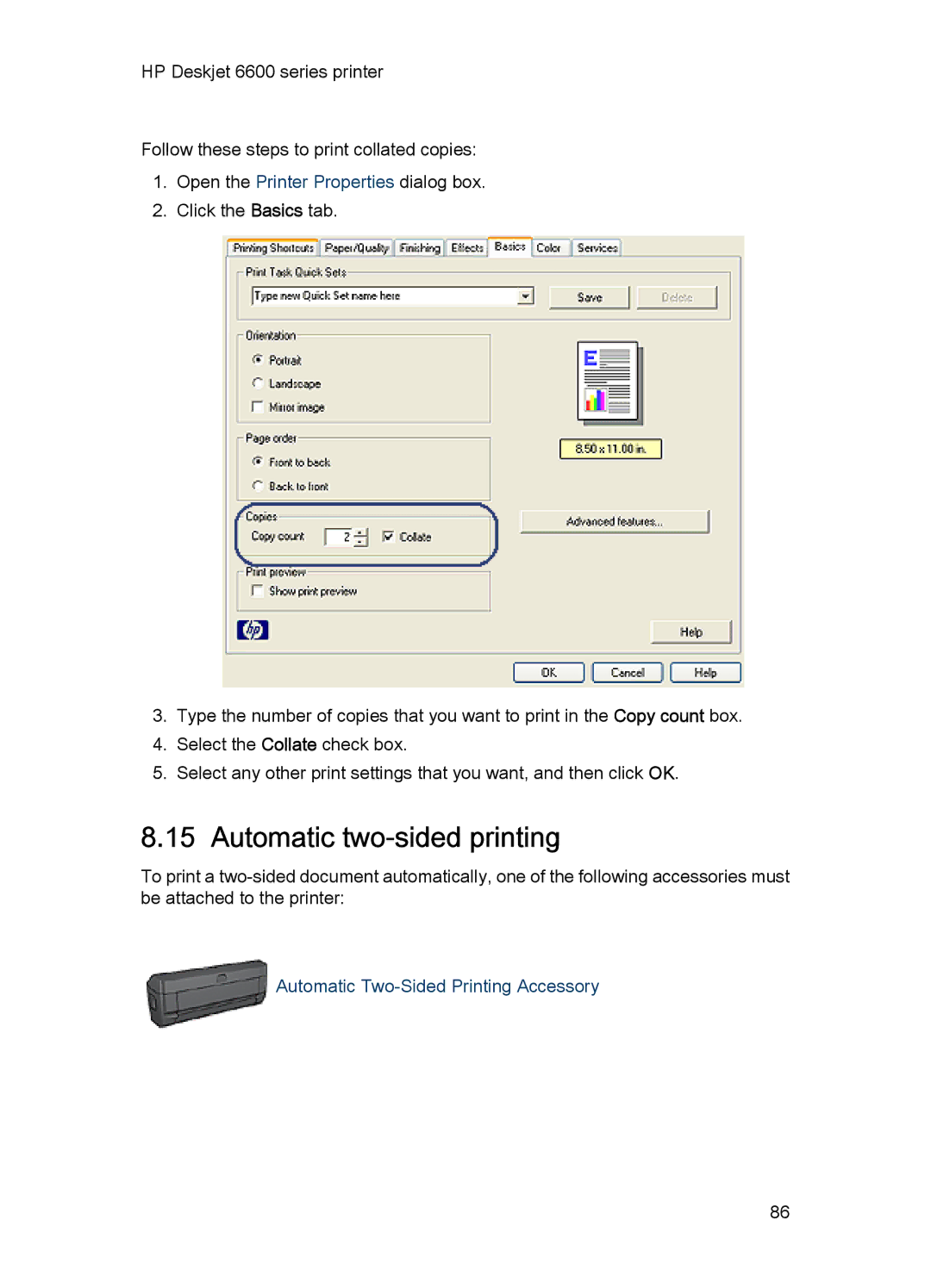 HP Networking 6600 manual Automatic two-sided printing, Automatic Two-Sided Printing Accessory 