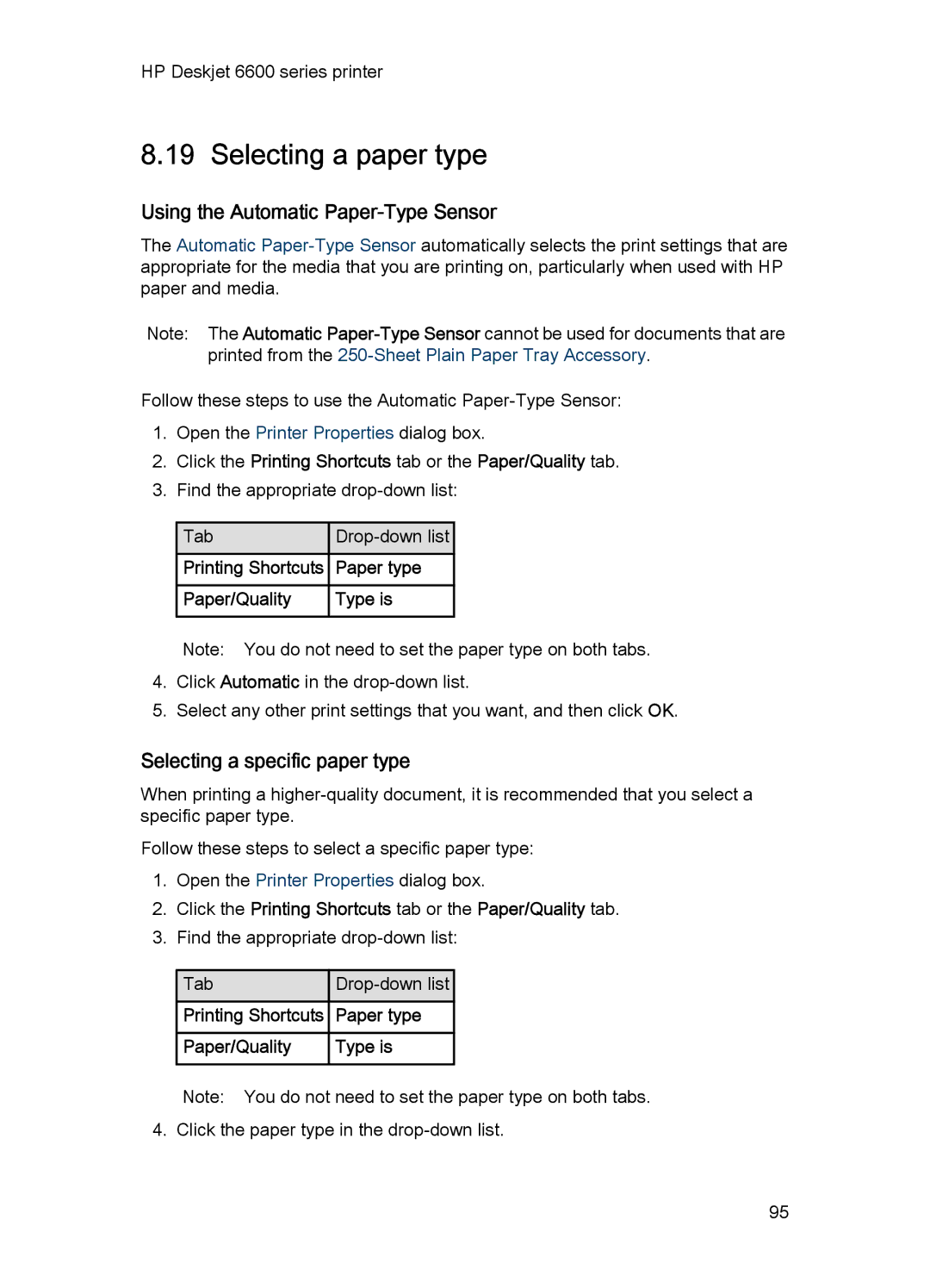 HP Networking 6600 manual Selecting a paper type, Using the Automatic Paper-Type Sensor, Selecting a specific paper type 