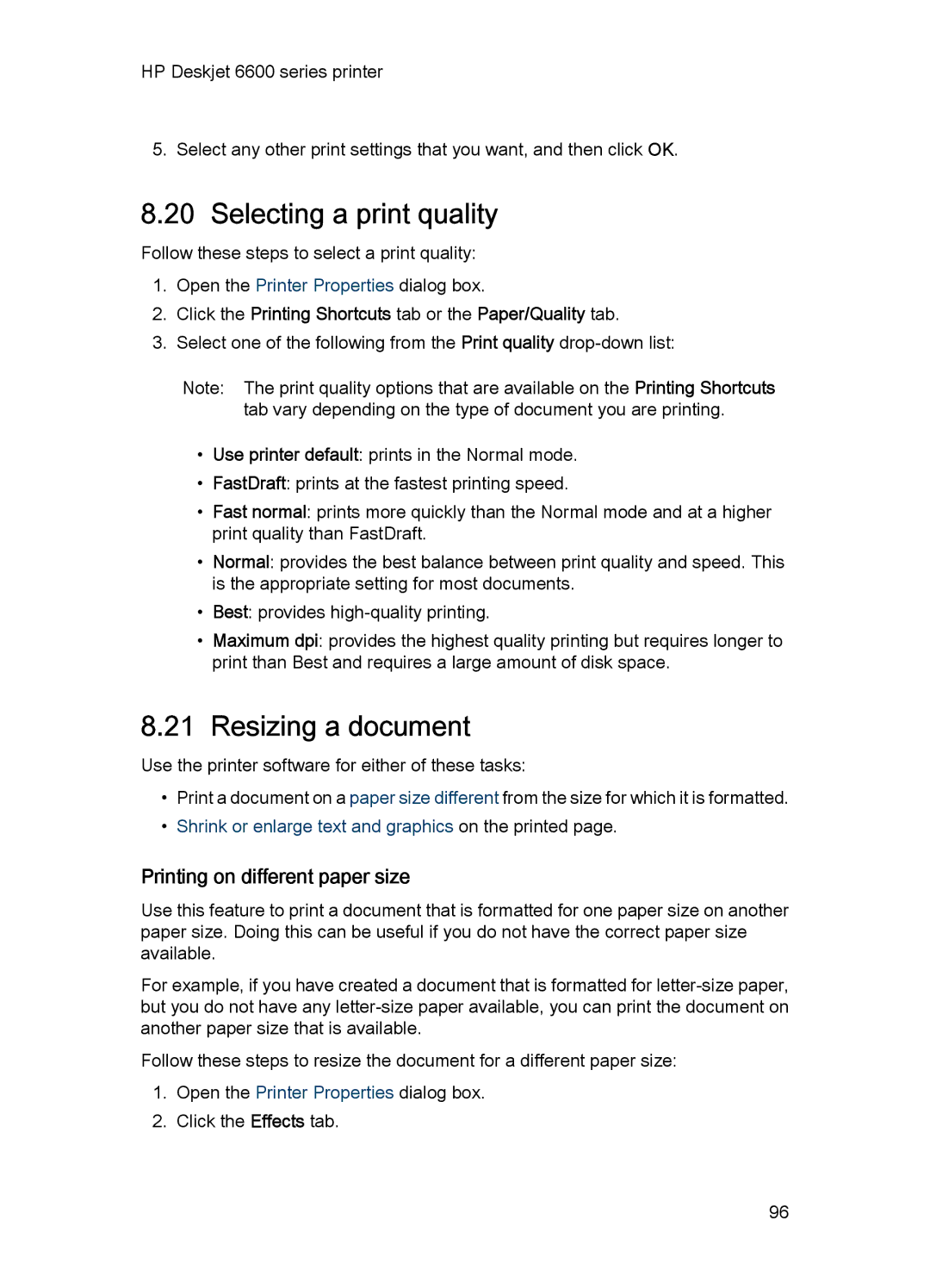 HP Networking 6600 manual Selecting a print quality, Resizing a document, Printing on different paper size 