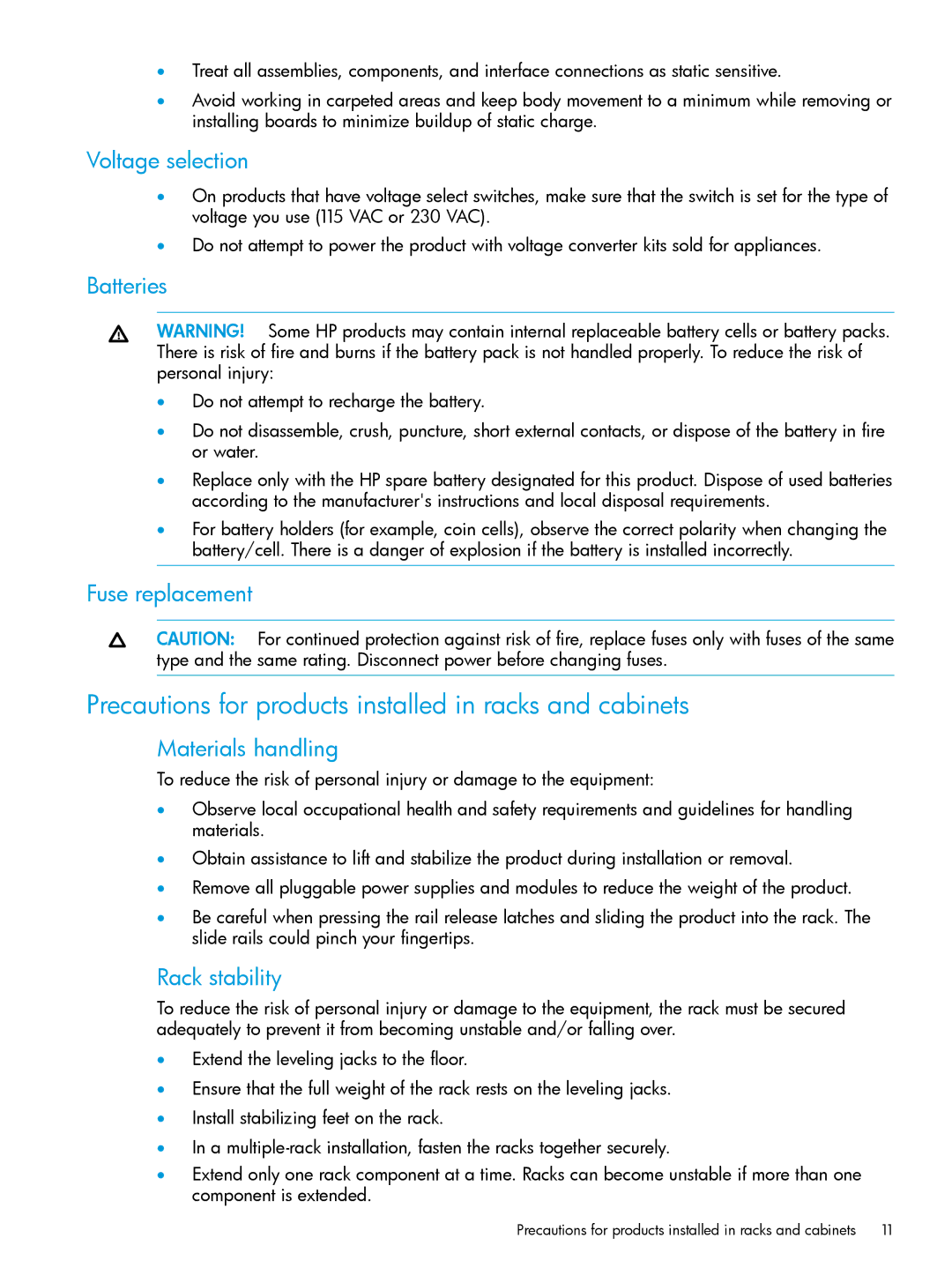 HP Networking Safety and Compliance manual Precautions for products installed in racks and cabinets 