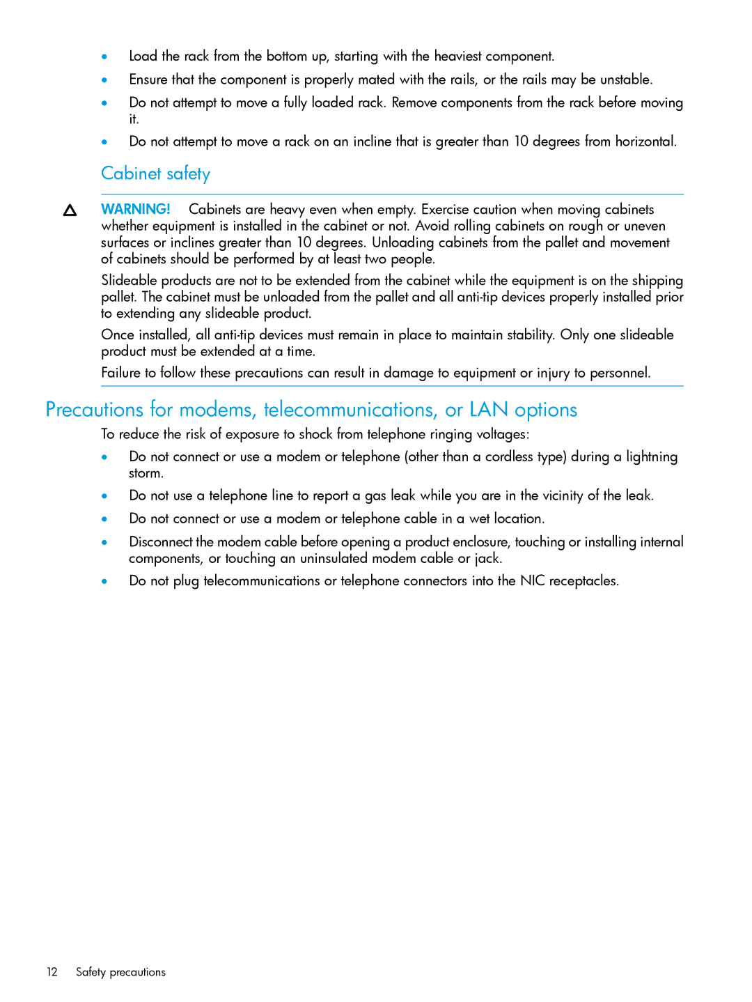 HP Networking Safety and Compliance manual Precautions for modems, telecommunications, or LAN options, Cabinet safety 