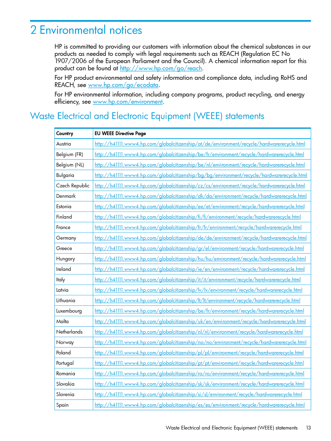 HP Networking Safety and Compliance manual Environmental notices, Waste Electrical and Electronic Equipment Weee statements 