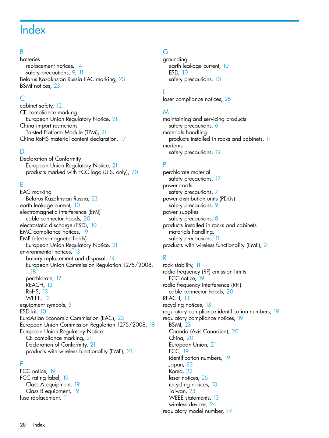 HP Networking Safety and Compliance manual Index 