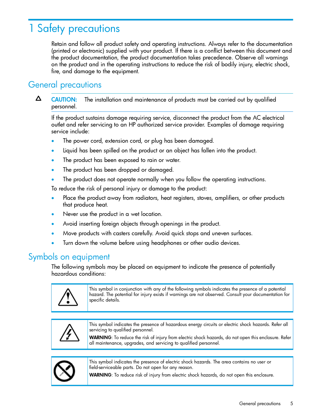 HP Networking Safety and Compliance manual Safety precautions, General precautions, Symbols on equipment 