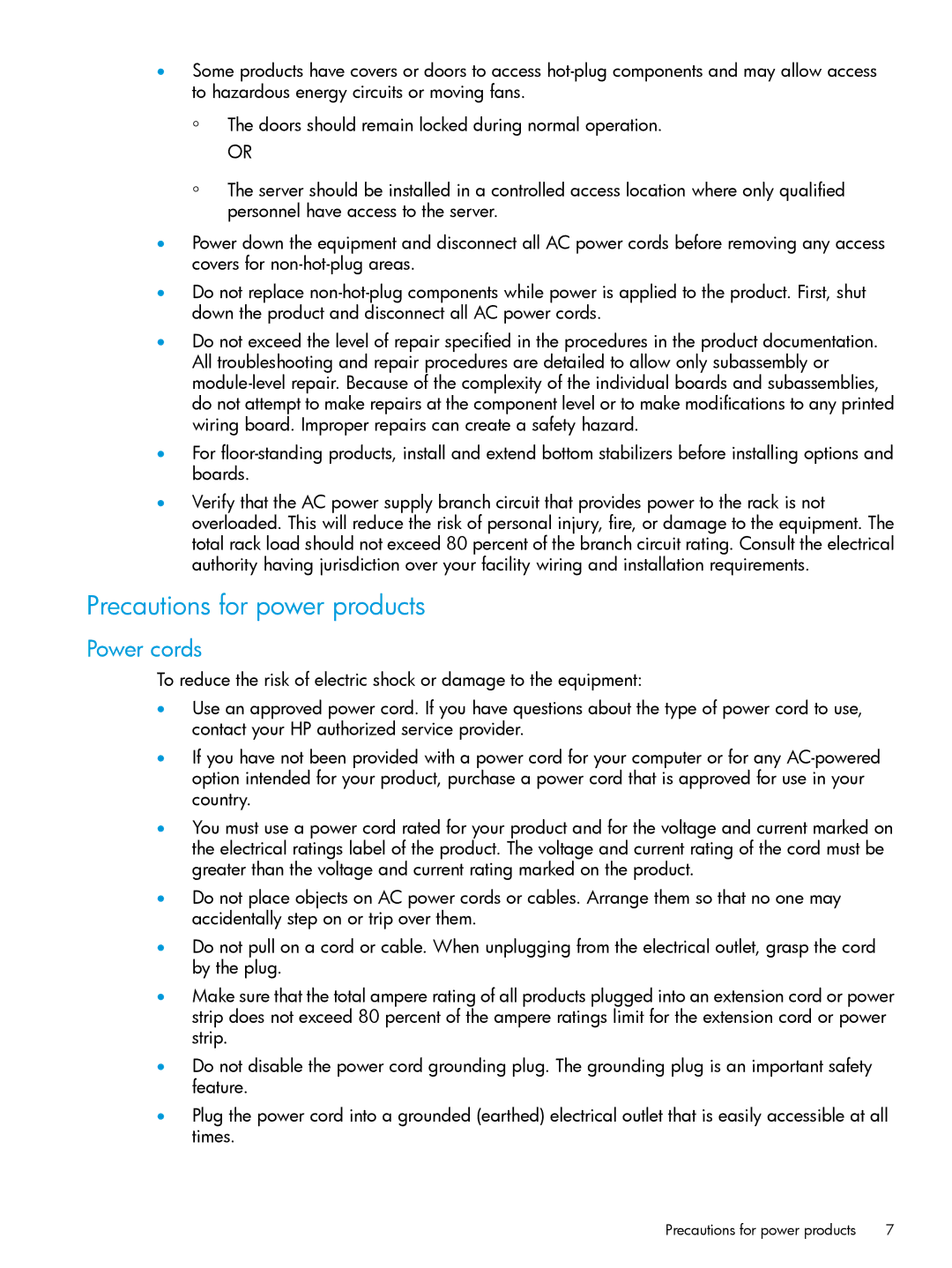 HP Networking Safety and Compliance manual Precautions for power products, Power cords 