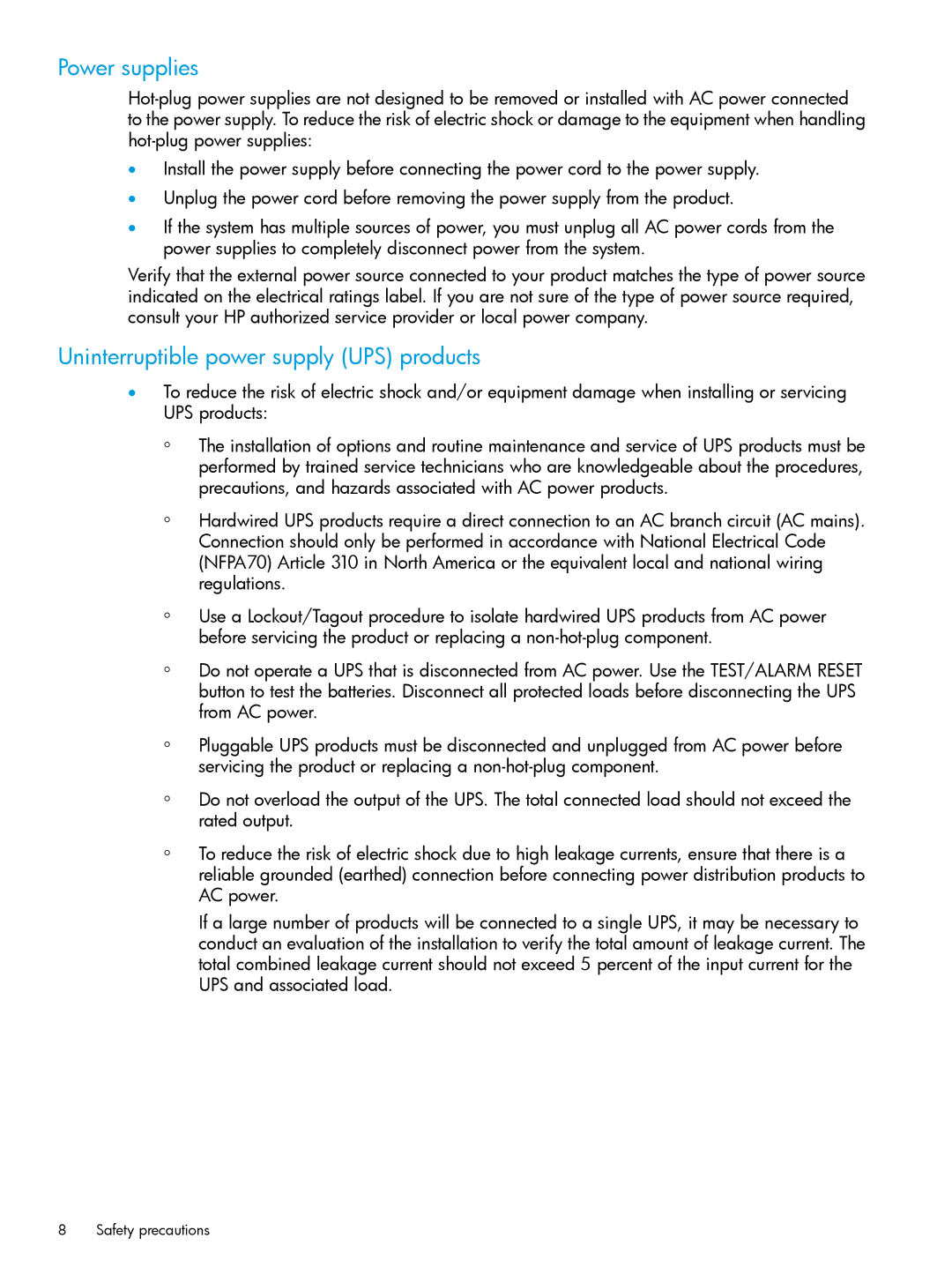 HP Networking Safety and Compliance manual Power supplies, Uninterruptible power supply UPS products 