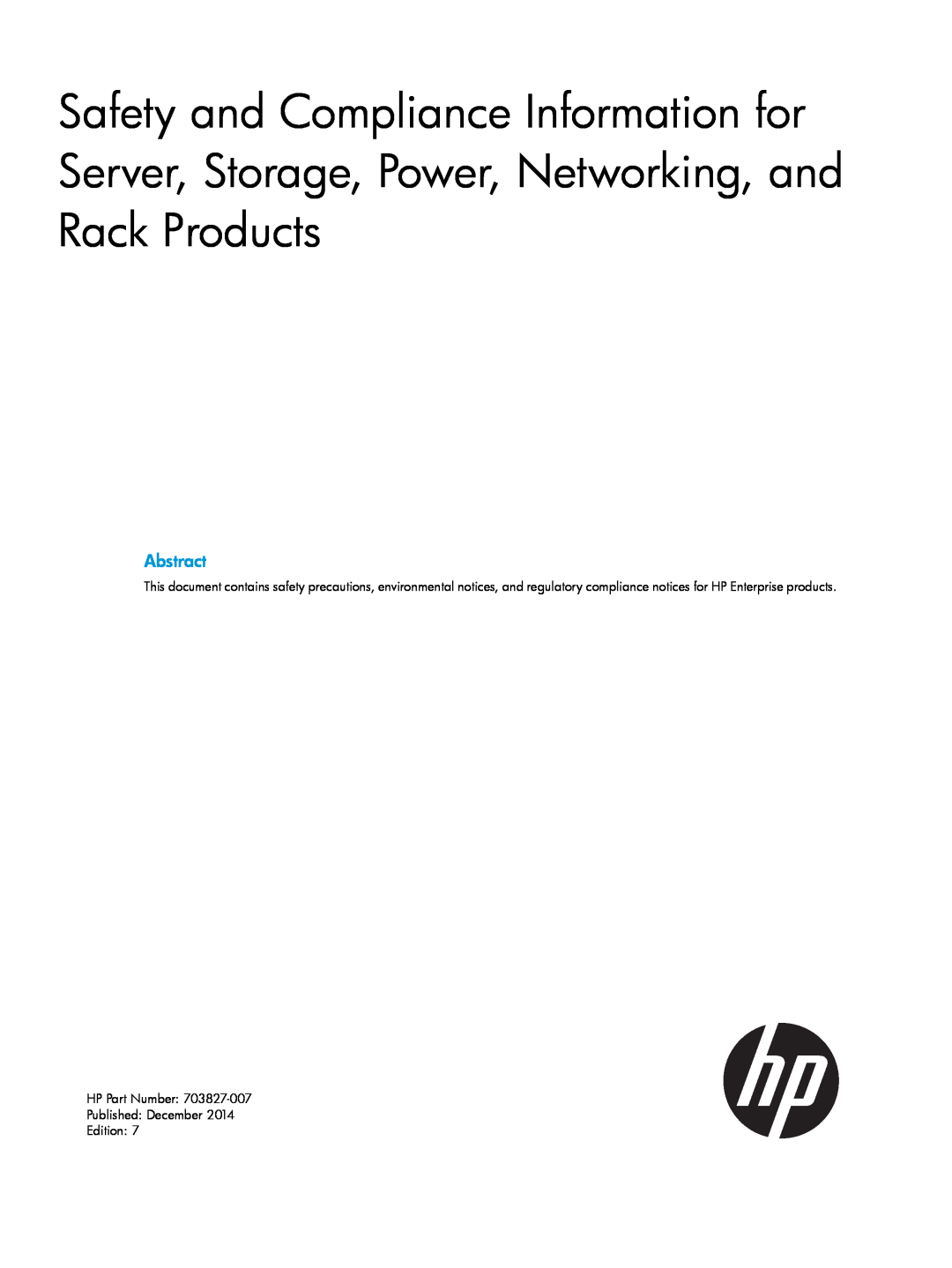 HP Networking Safety and Compliance manual Abstract, HP Part Number Published December Edition 