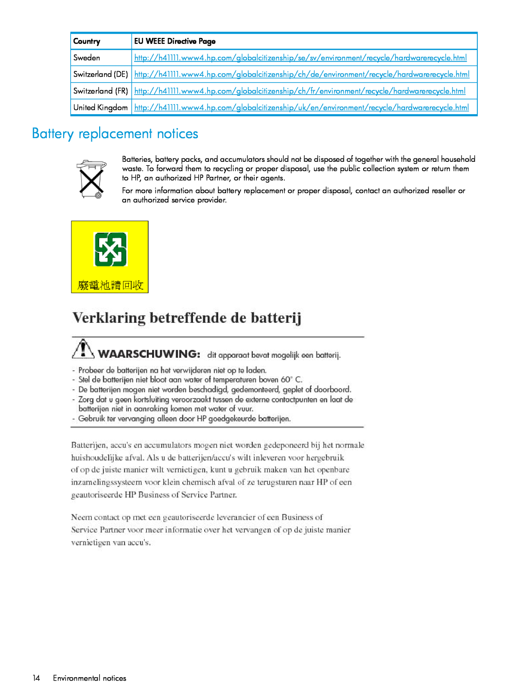 HP Networking Safety and Compliance manual Battery replacement notices 