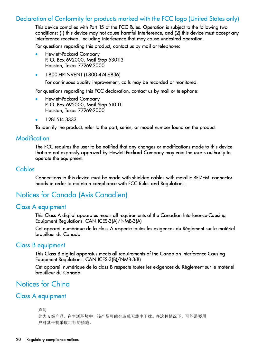 HP Networking Safety and Compliance manual Notices for Canada Avis Canadien, Notices for China, Modification, Cables 