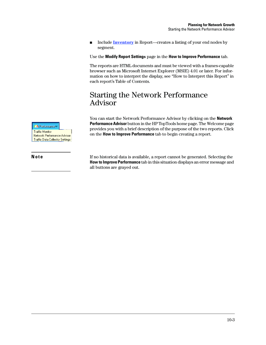 HP Networking TopTool Products manual Starting the Network Performance Advisor, 10-3 