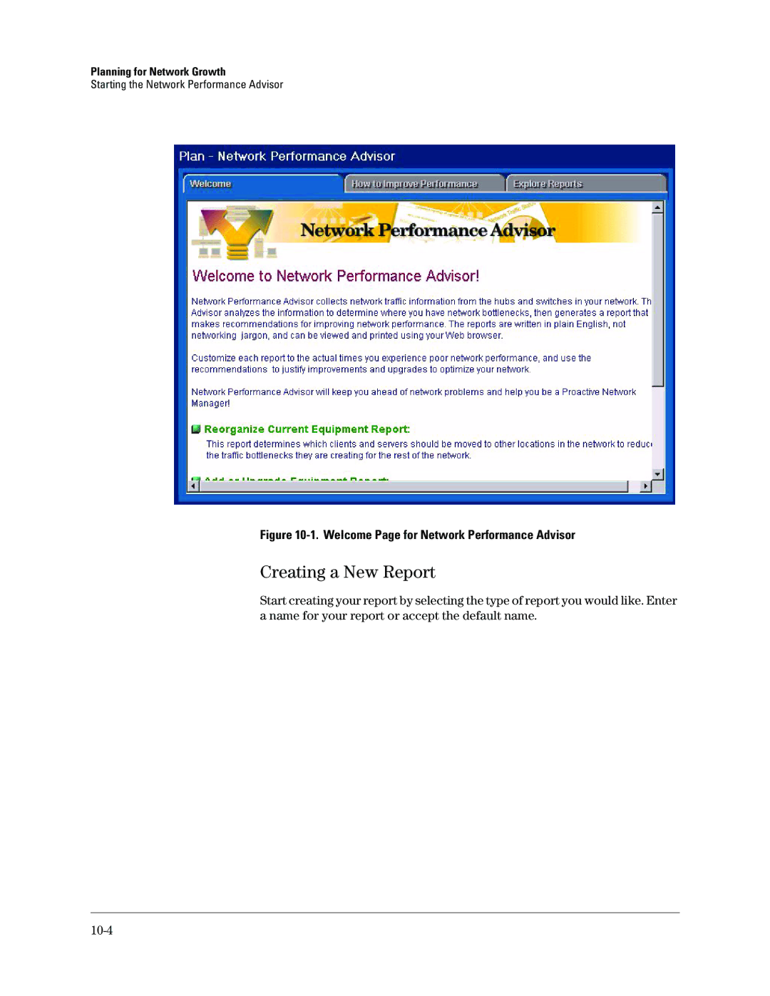 HP Networking TopTool Products manual Creating a New Report, Welcome Page for Network Performance Advisor 