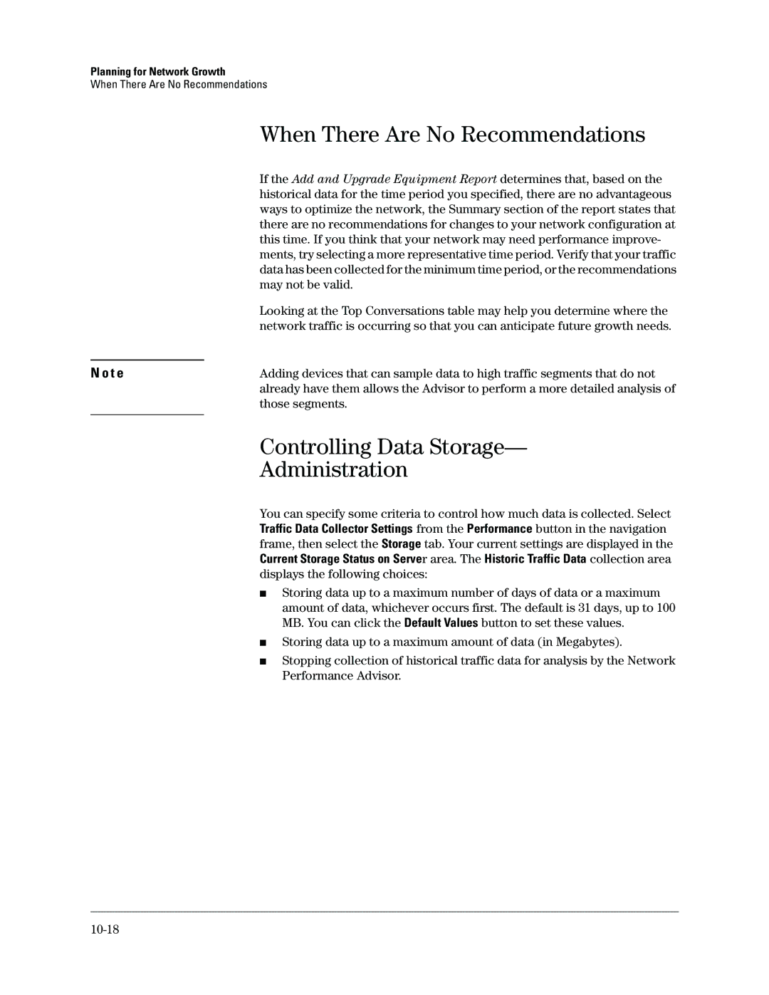 HP Networking TopTool Products When There Are No Recommendations, Controlling Data Storage, Administration, Those segments 