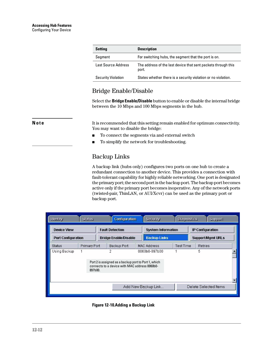 HP Networking TopTool Products manual Bridge Enable/Disable, Backup Links 