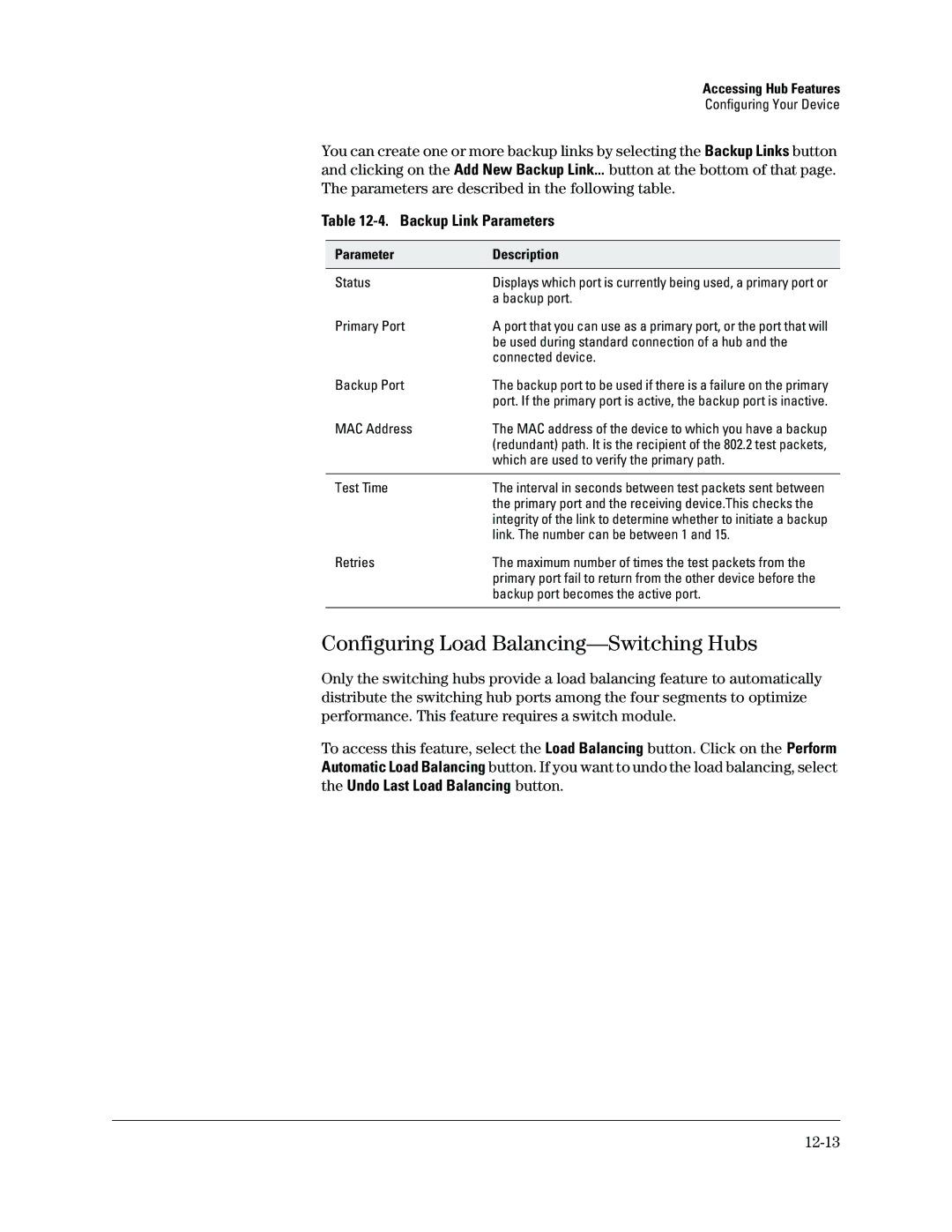 HP Networking TopTool Products Configuring Load Balancing-Switching Hubs, Backup Link Parameters, Parameter Description 