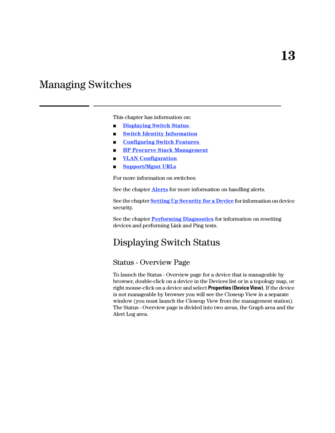 HP Networking TopTool Products manual Managing Switches, Displaying Switch Status, Status Overview 