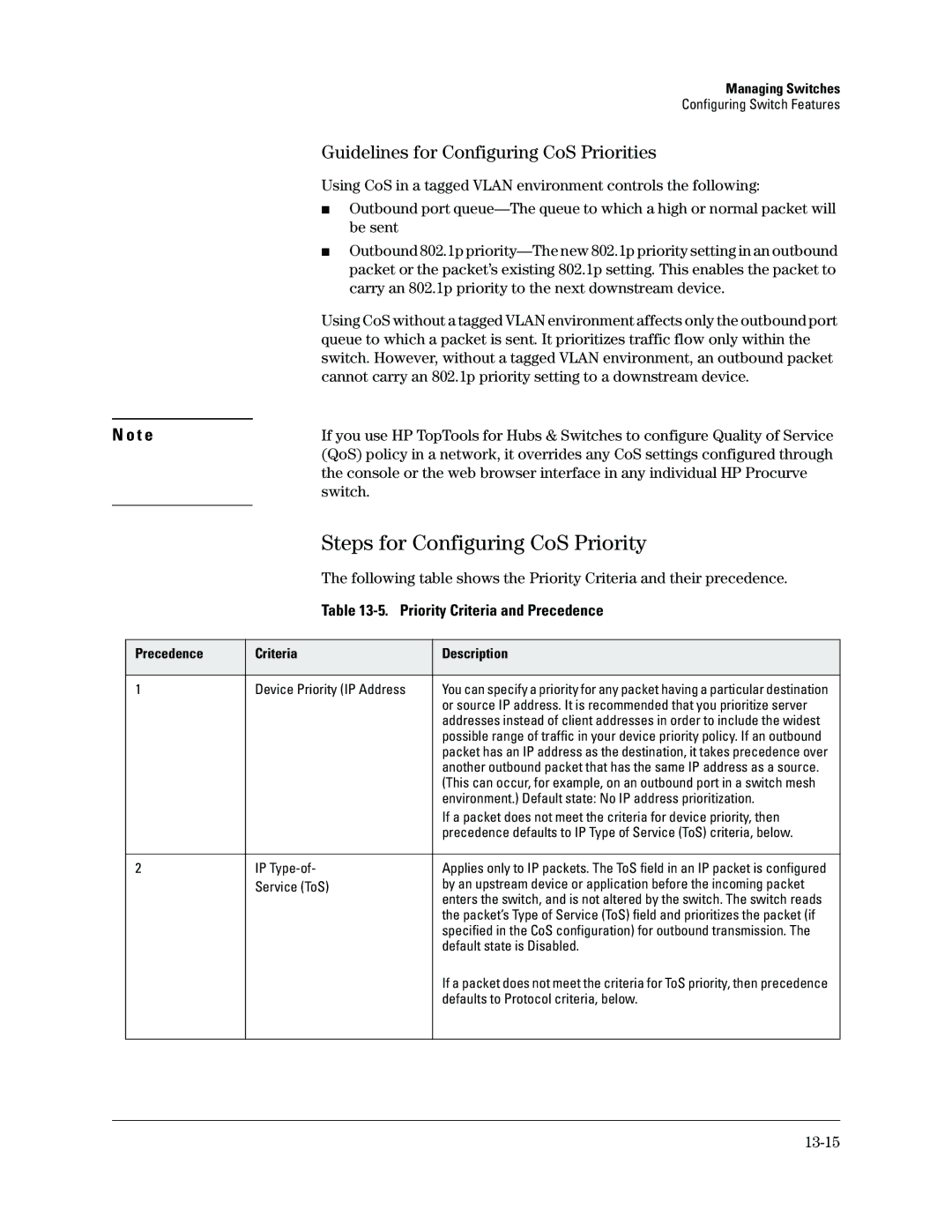 HP Networking TopTool Products manual Steps for Configuring CoS Priority, Guidelines for Configuring CoS Priorities 