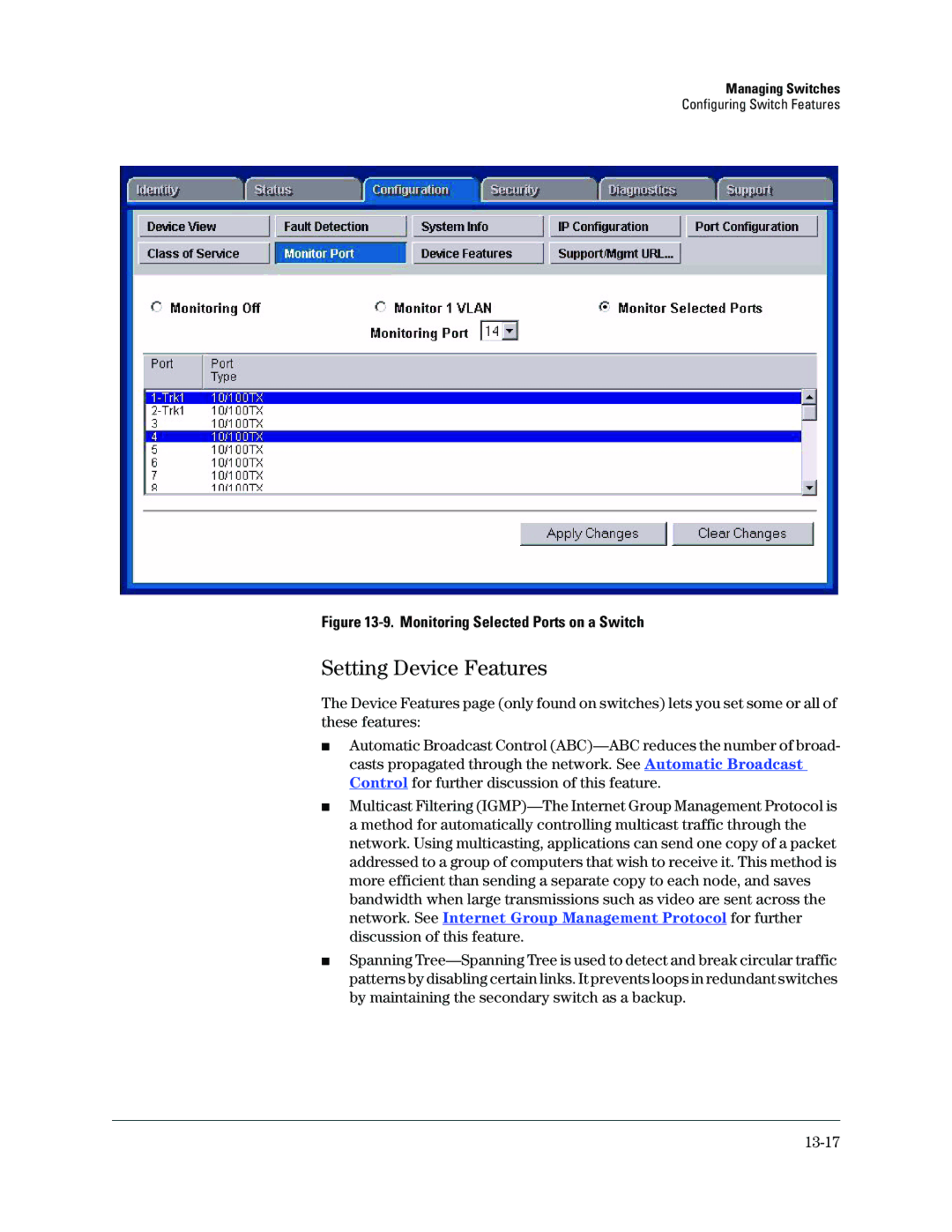 HP Networking TopTool Products manual Setting Device Features, Monitoring Selected Ports on a Switch 