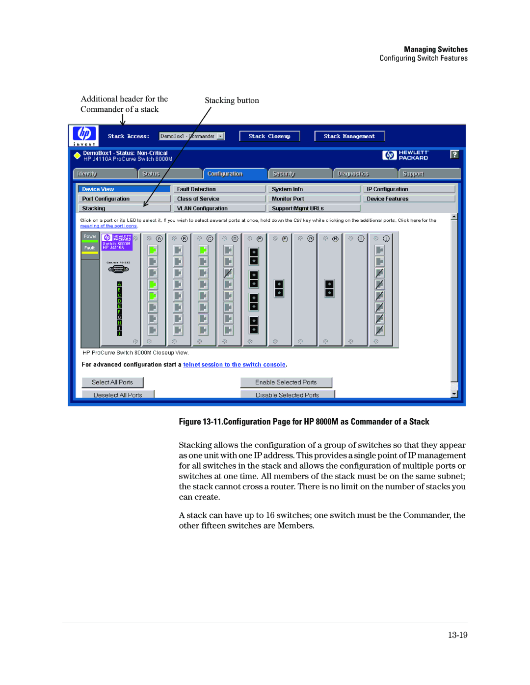 HP Networking TopTool Products manual Configuration Page for HP 8000M as Commander of a Stack 