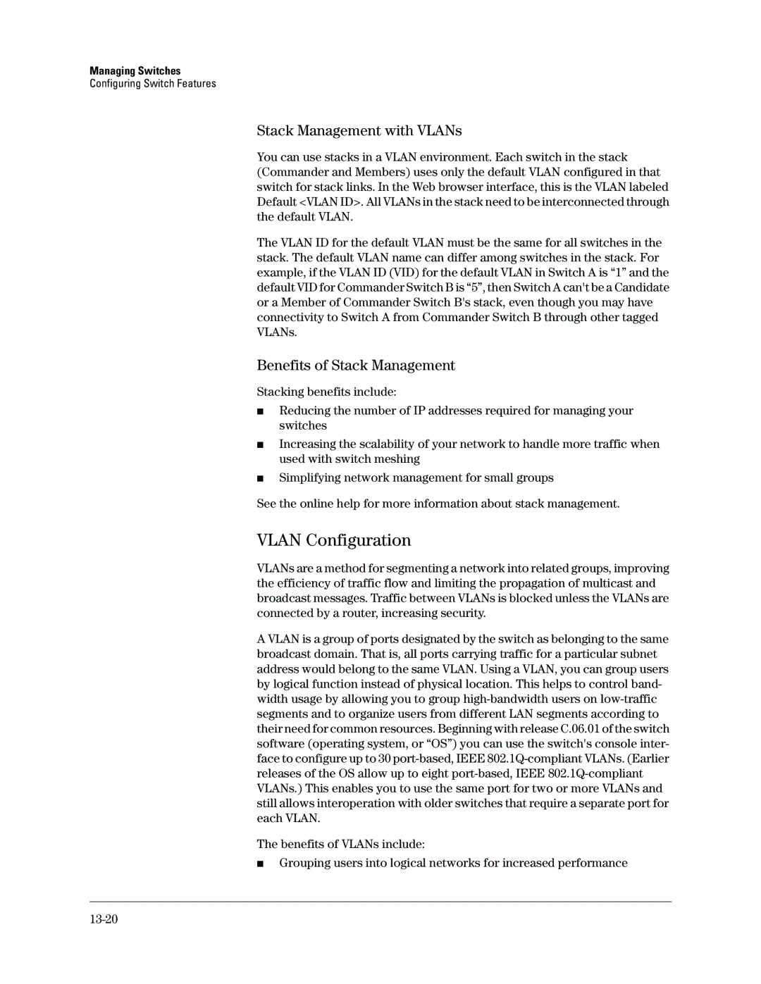 HP Networking TopTool Products manual Vlan Configuration, Stack Management with VLANs, Benefits of Stack Management 