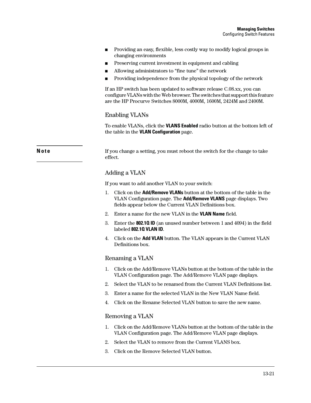 HP Networking TopTool Products manual Enabling VLANs, Adding a Vlan, Renaming a Vlan, Removing a Vlan, Effect 