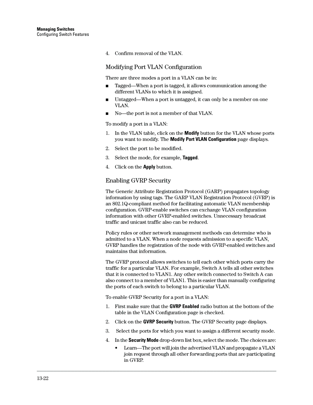 HP Networking TopTool Products Modifying Port Vlan Configuration, Enabling Gvrp Security, Confirm removal of the Vlan 