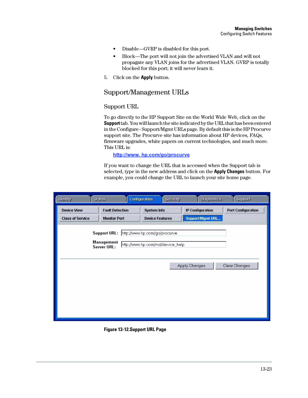 HP Networking TopTool Products manual Support/Management URLs, Support URL, 13-23 