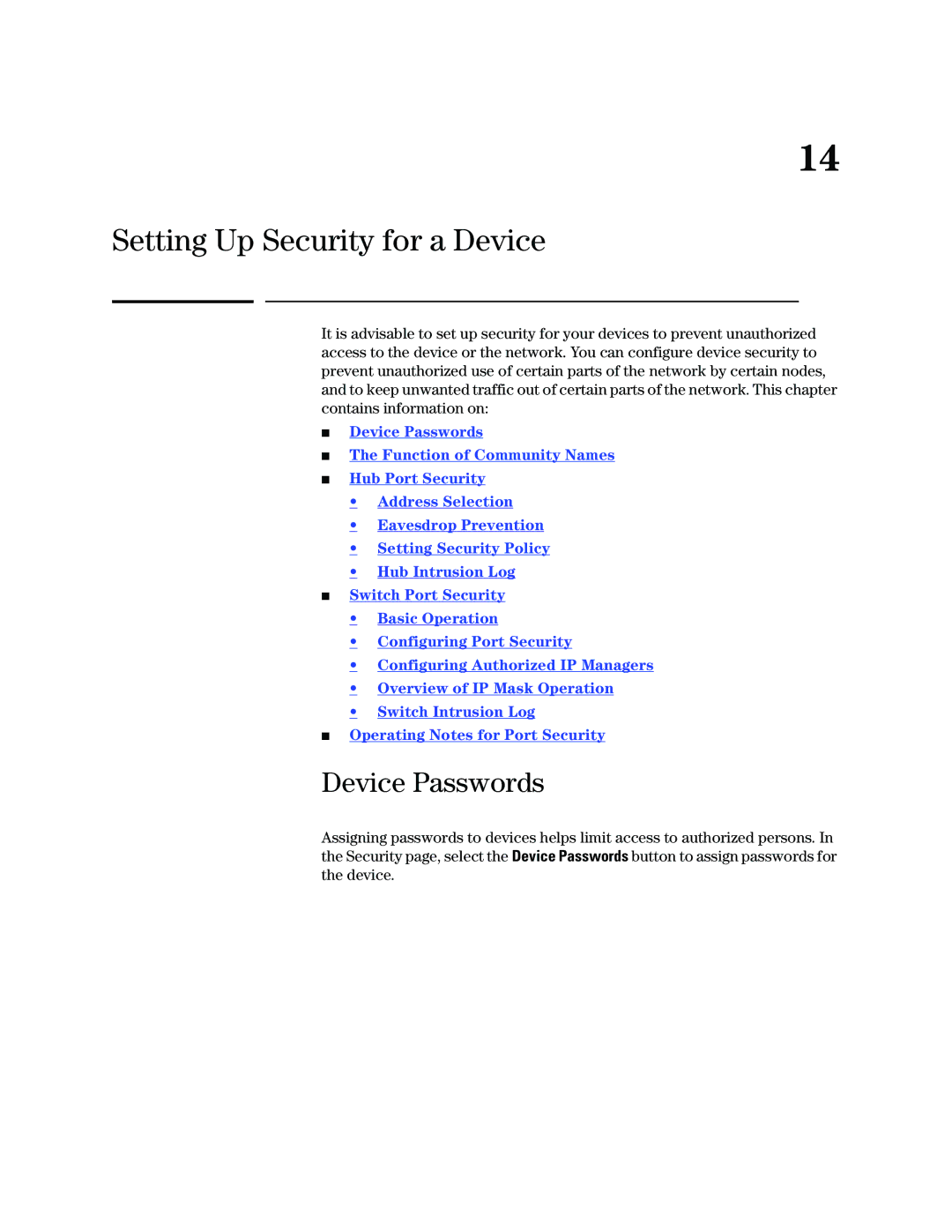 HP Networking TopTool Products manual Setting Up Security for a Device, Device Passwords 