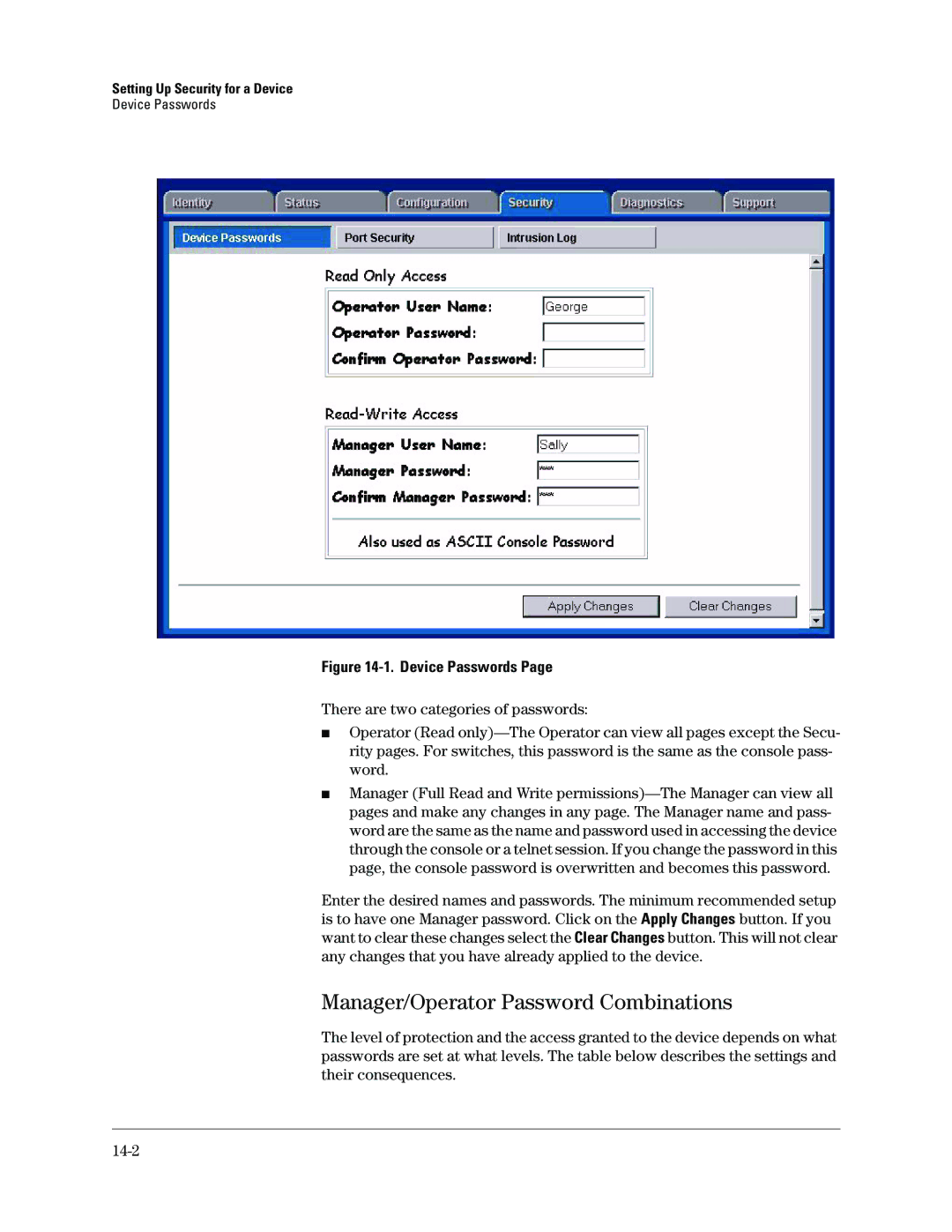 HP Networking TopTool Products manual Manager/Operator Password Combinations, Setting Up Security for a Device 