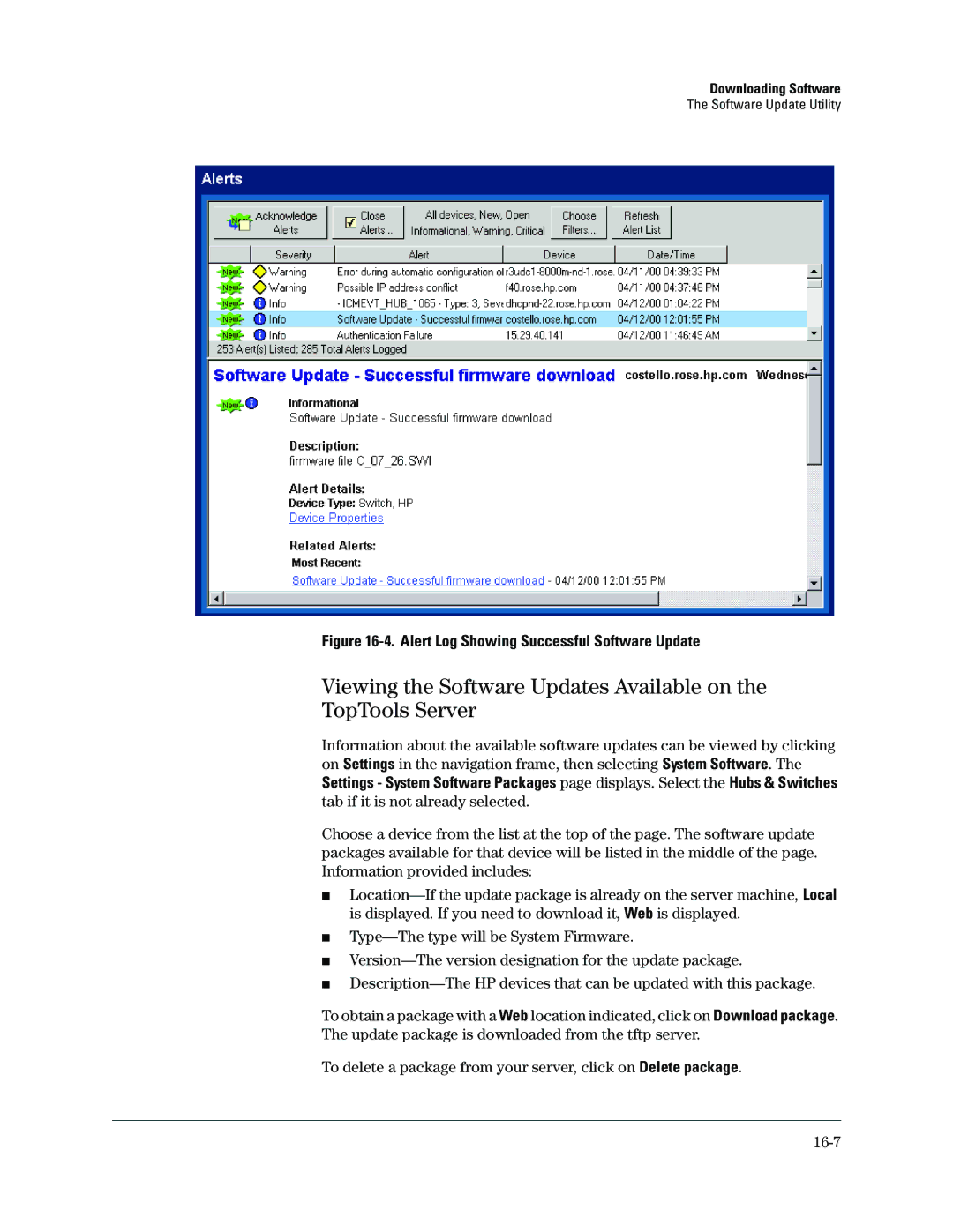 HP Networking TopTool Products manual Alert Log Showing Successful Software Update 