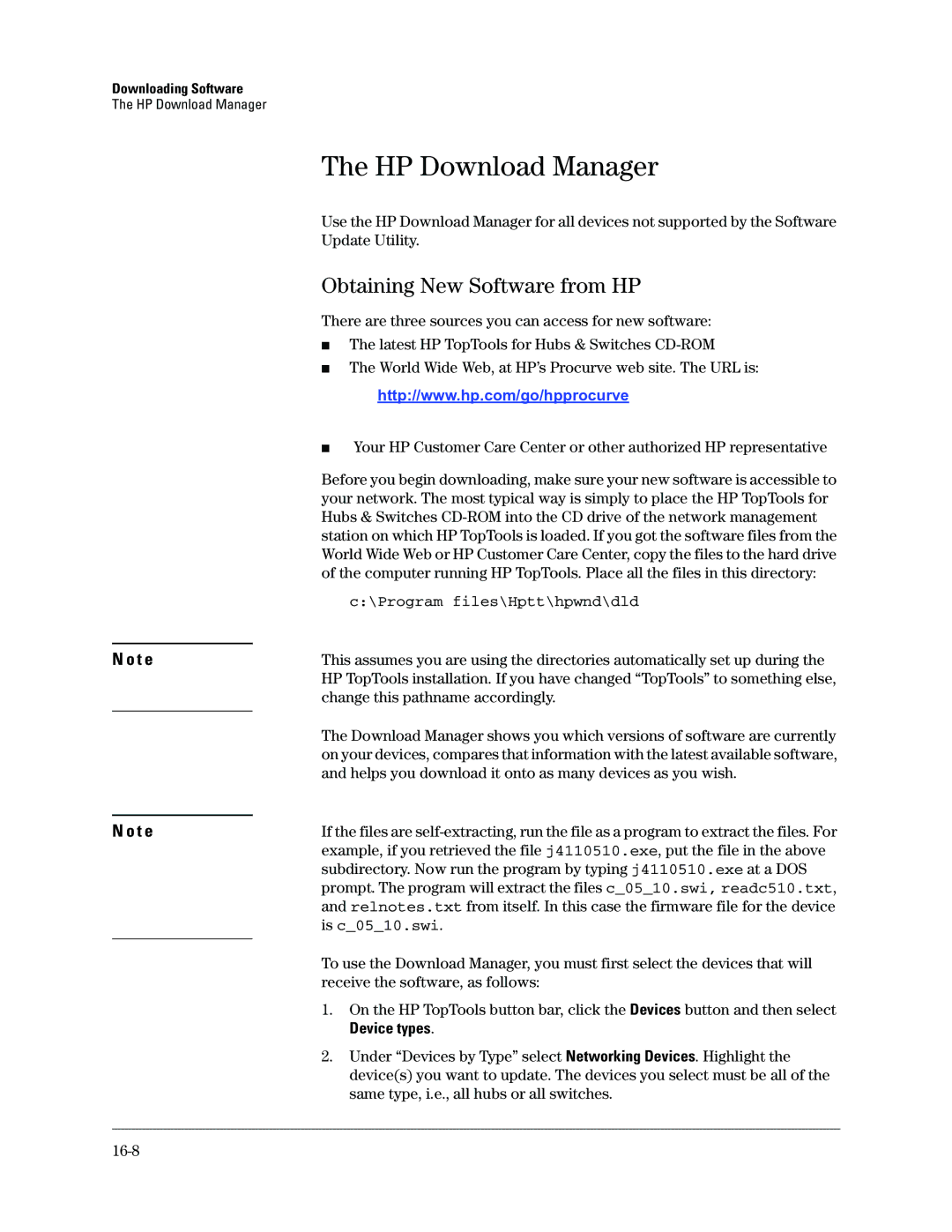 HP Networking TopTool Products manual HP Download Manager, Obtaining New Software from HP, Device types 