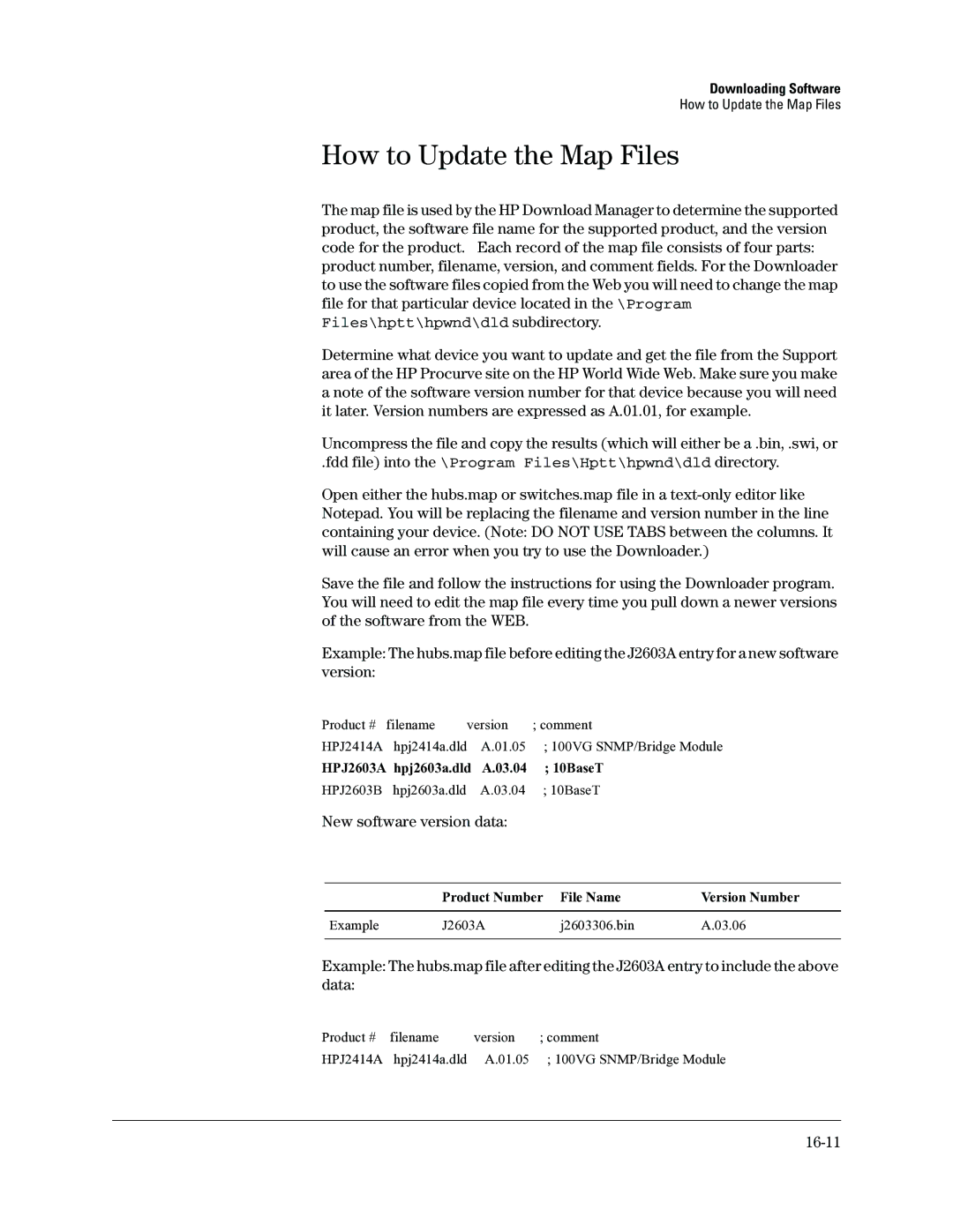 HP Networking TopTool Products manual How to Update the Map Files, New software version data, 16-11 