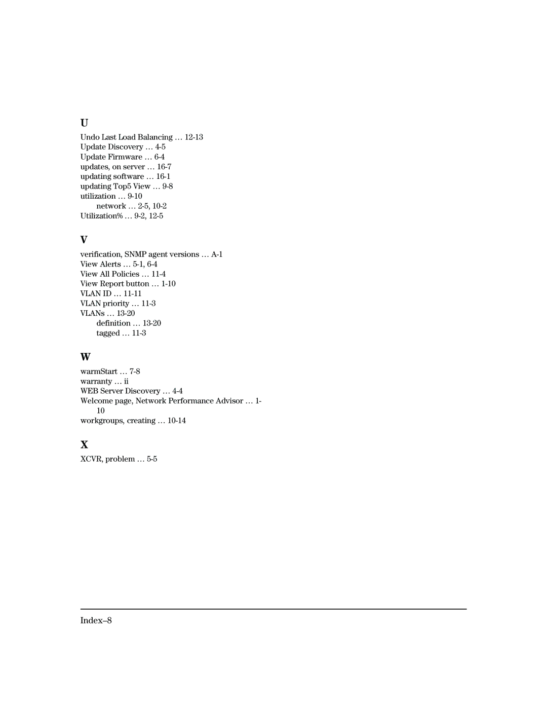 HP Networking TopTool Products manual Index-8, Undo Last Load Balancing … 12-13 Update Discovery … 