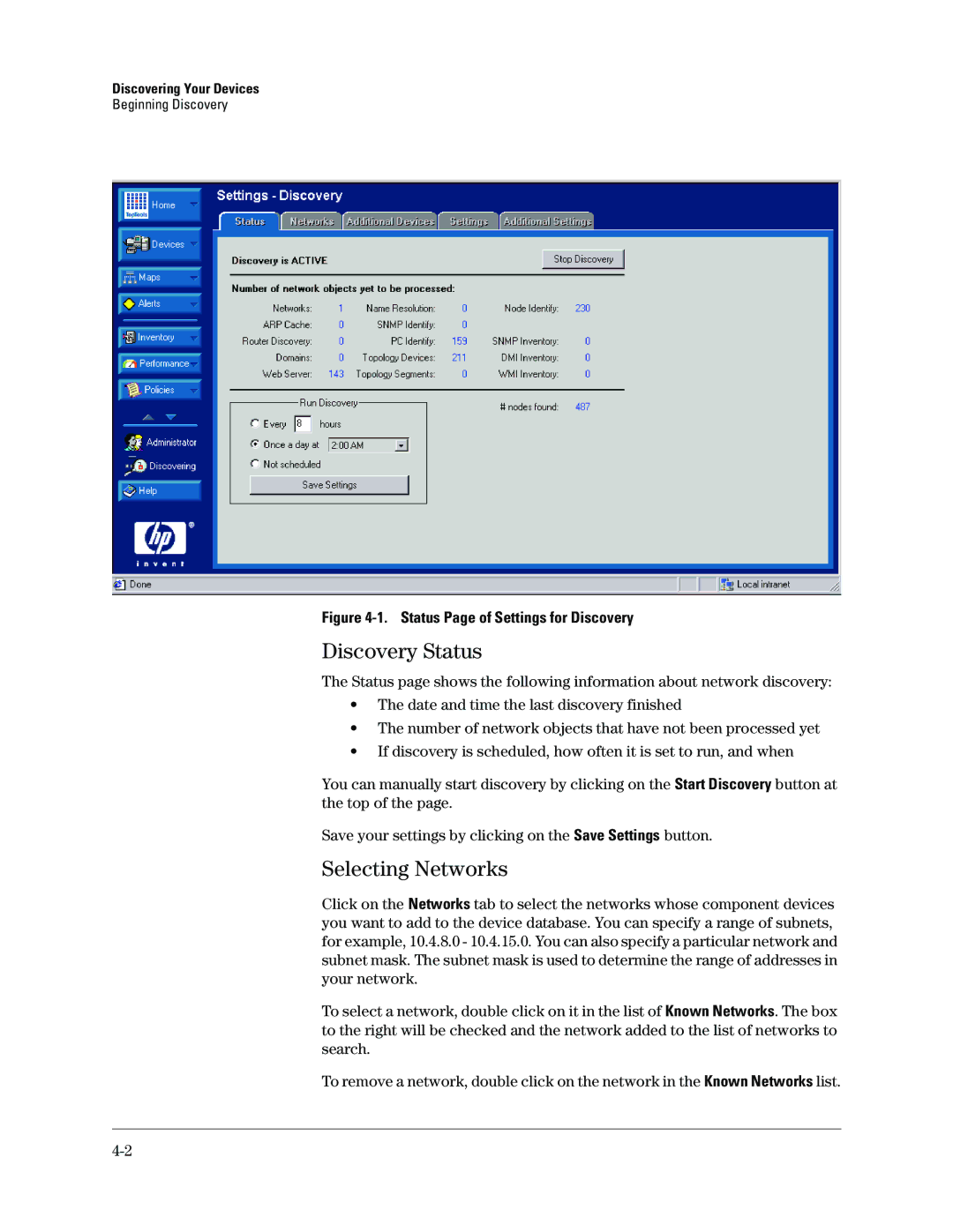 HP Networking TopTool Products manual Discovery Status, Selecting Networks, Discovering Your Devices 