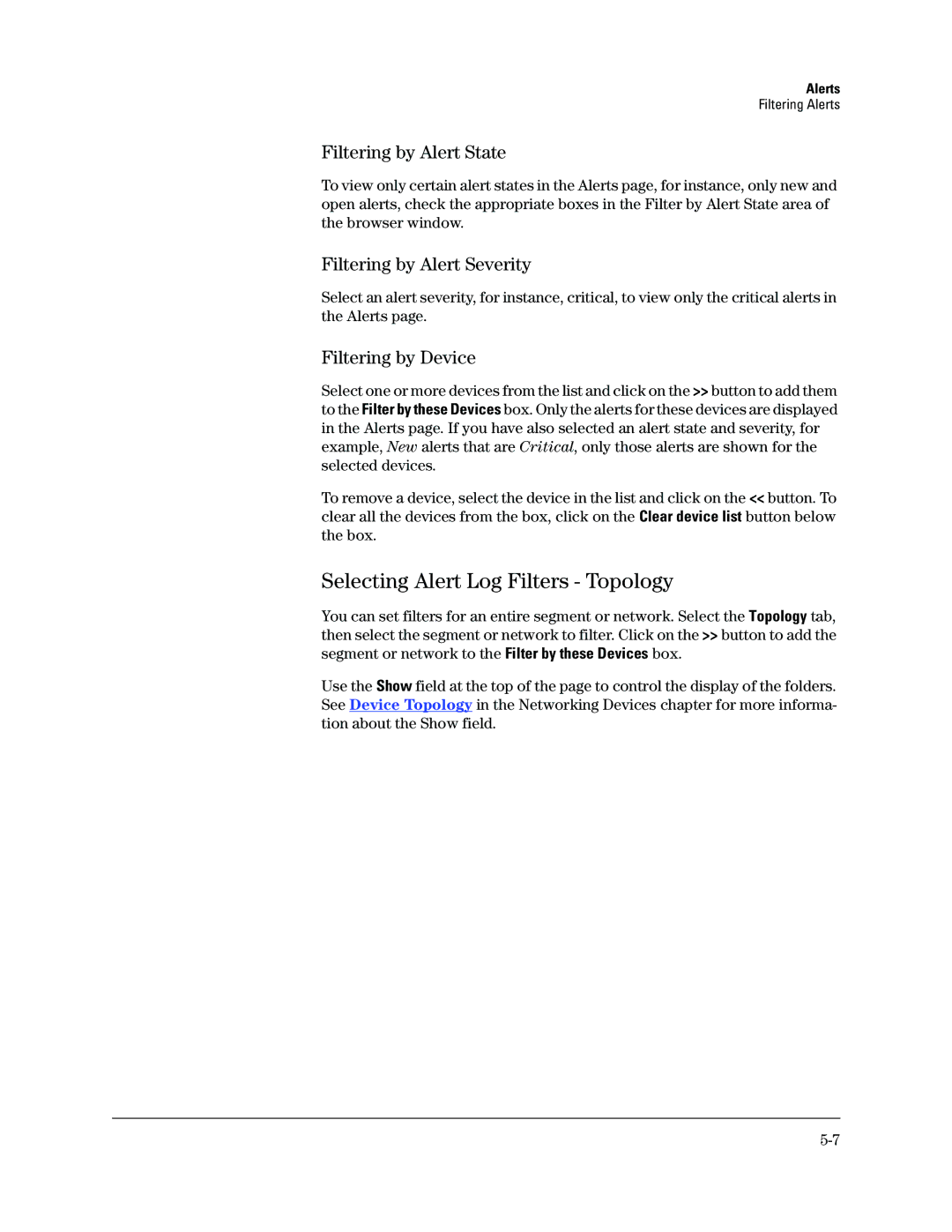 HP Networking TopTool Products Selecting Alert Log Filters Topology, Filtering by Alert State, Filtering by Alert Severity 