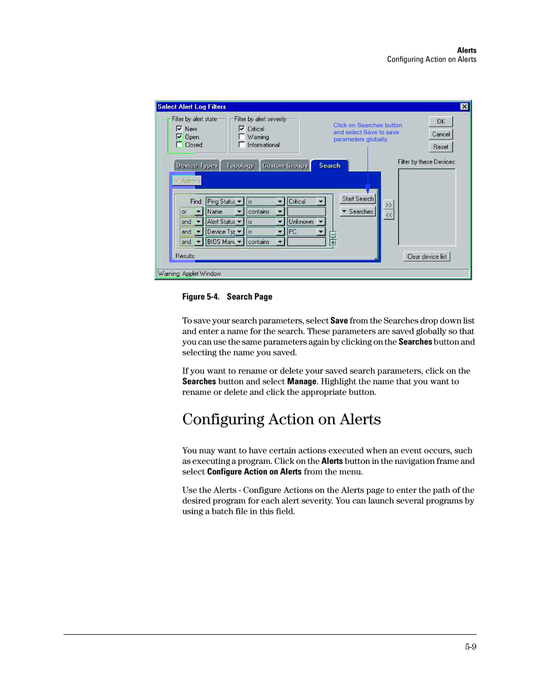 HP Networking TopTool Products manual Configuring Action on Alerts, Search 